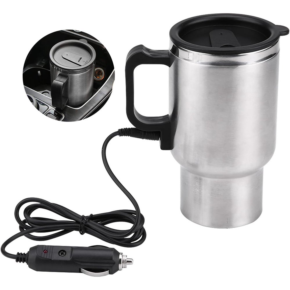 Czajnik elektryczny do samochodu 12 V, kubek podróżny ze stali nierdzewnej o pojemności 450 ml do podgrzewania wody, kawy i herbaty; wtyczka do świat