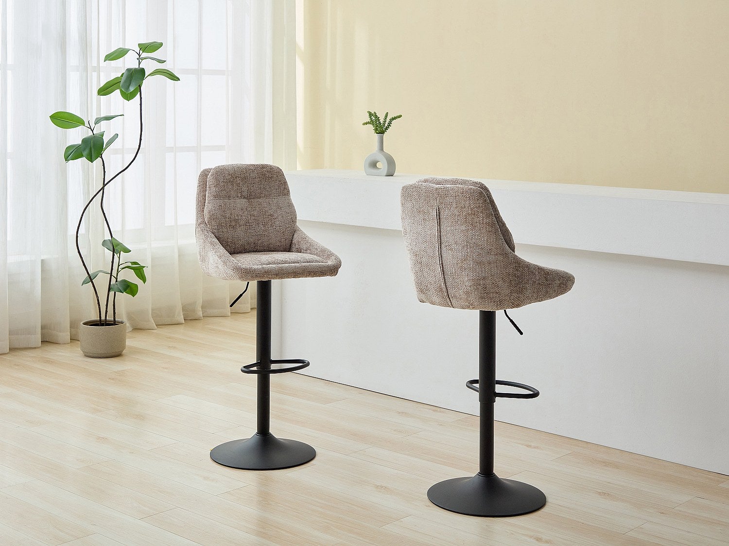 Zestaw 2 stołków barowych z teksturowanej tkaniny i czarnego metalu - Regulowana wysokość - Taupe - LARANZA