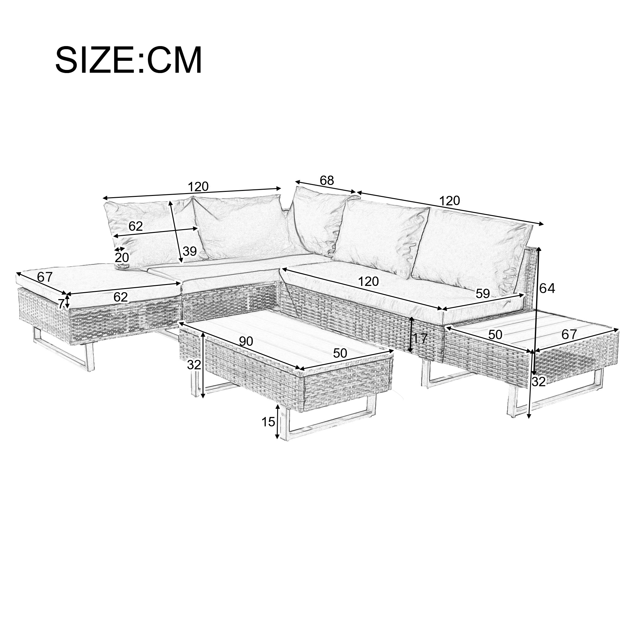 Salon de Jardin Exterieur en Rotin, Table de Jardin Exterieur avec Chaise, Canapé de Salon d'angle 4 Places avec Table et Coussins, Kaki - 7