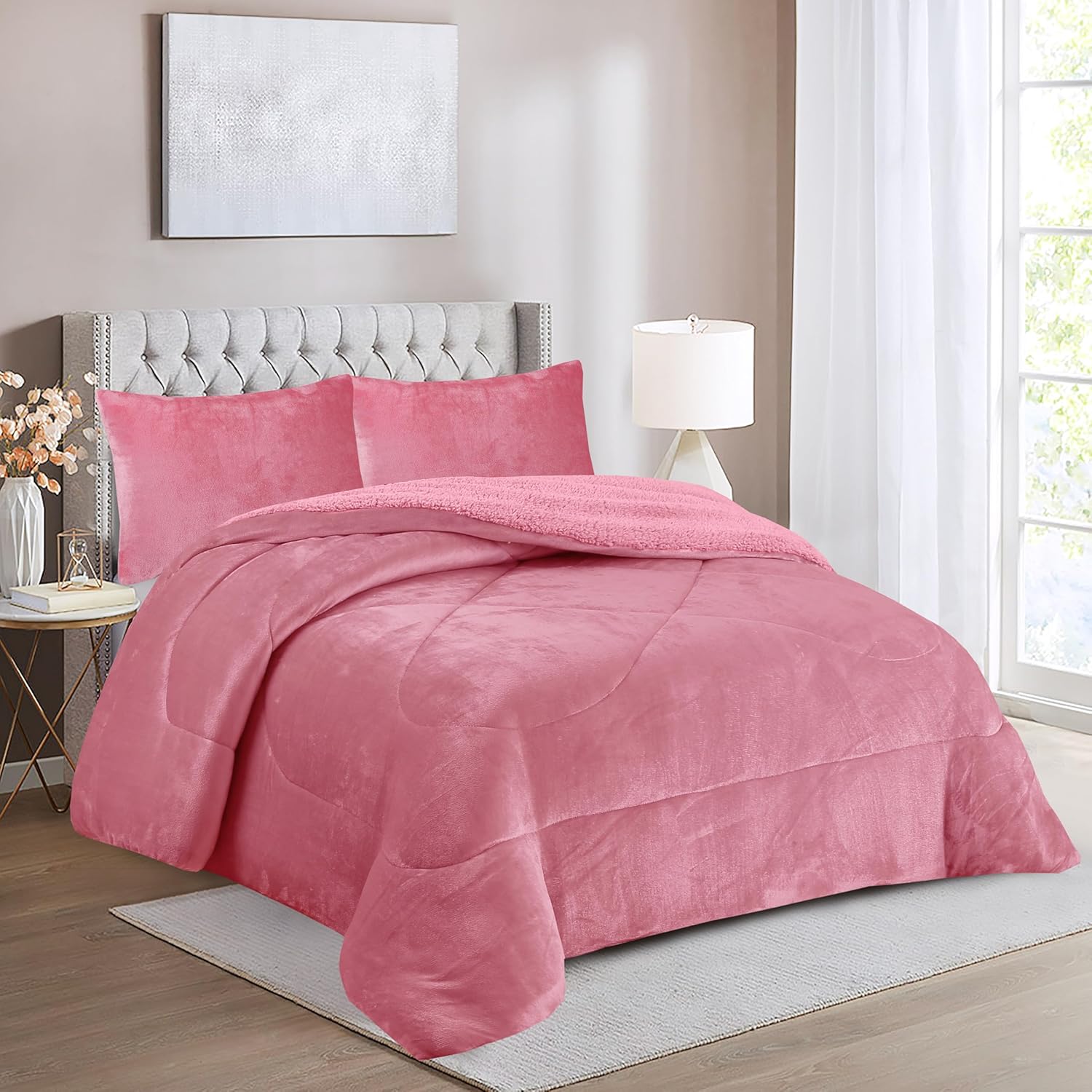 Haradeco manta sherpa para cama con fundas almohada, edredón borreguito terciopelo gruesa abriga(liso rosa, 220x240cm)