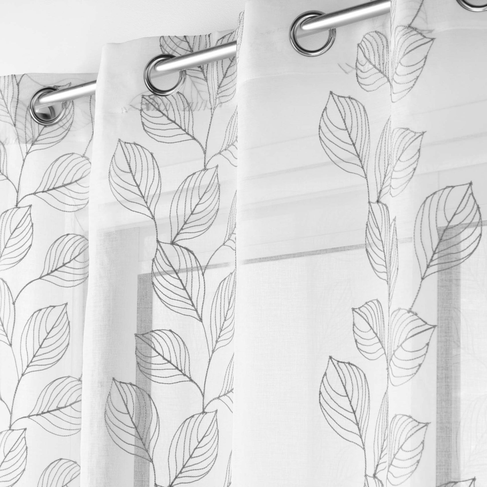 Voilage sablé et brodé de feuilles - Gris clair - 140x240 cm - Polyester - 2