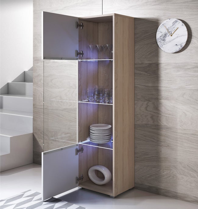 Vitrina con Patas 2cm | Armario | Mueble de Salón | Vitrina de pared | LED | 1 puerta | 40x167x29cm | Modelo Luke V6 | Sonoma mate y Blanco brillo - 3