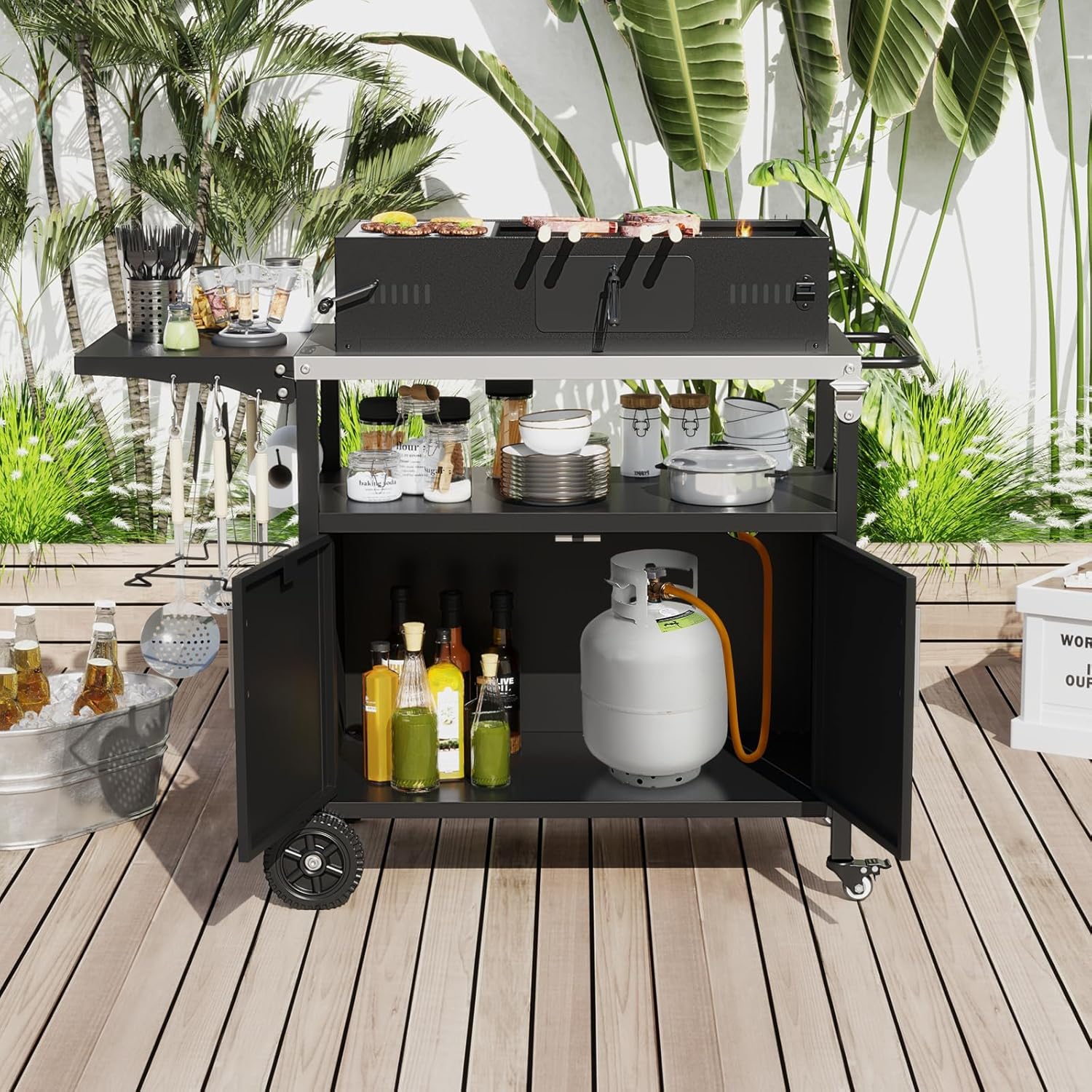 Desserte Jardin pour Plancha Barbecue 3 Niveaux, Îlot Cuisine avec Plan de Travail Pliant,Porte-Serviettes, 6 Crochets,Mobile Préparation Exterieur - 7