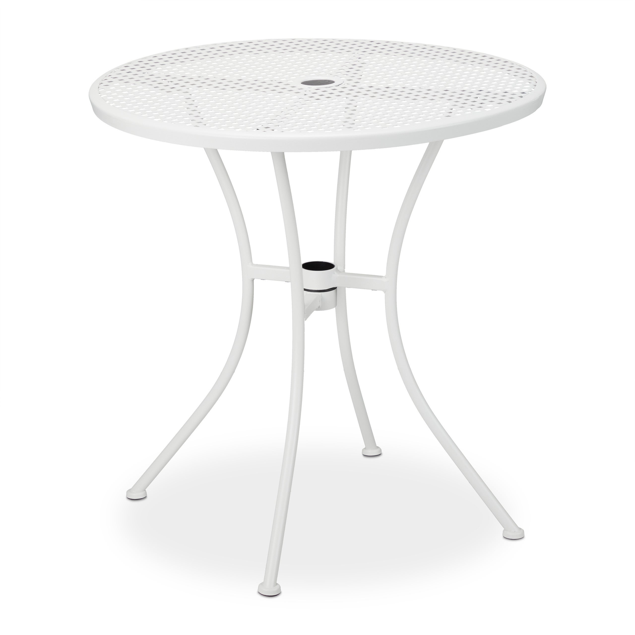 Mesa de jardim, com buraco para guarda-sol, design em grelha, aço robusto, 72 x 70 cm, mesa redonda branca, Relaxdays - 9