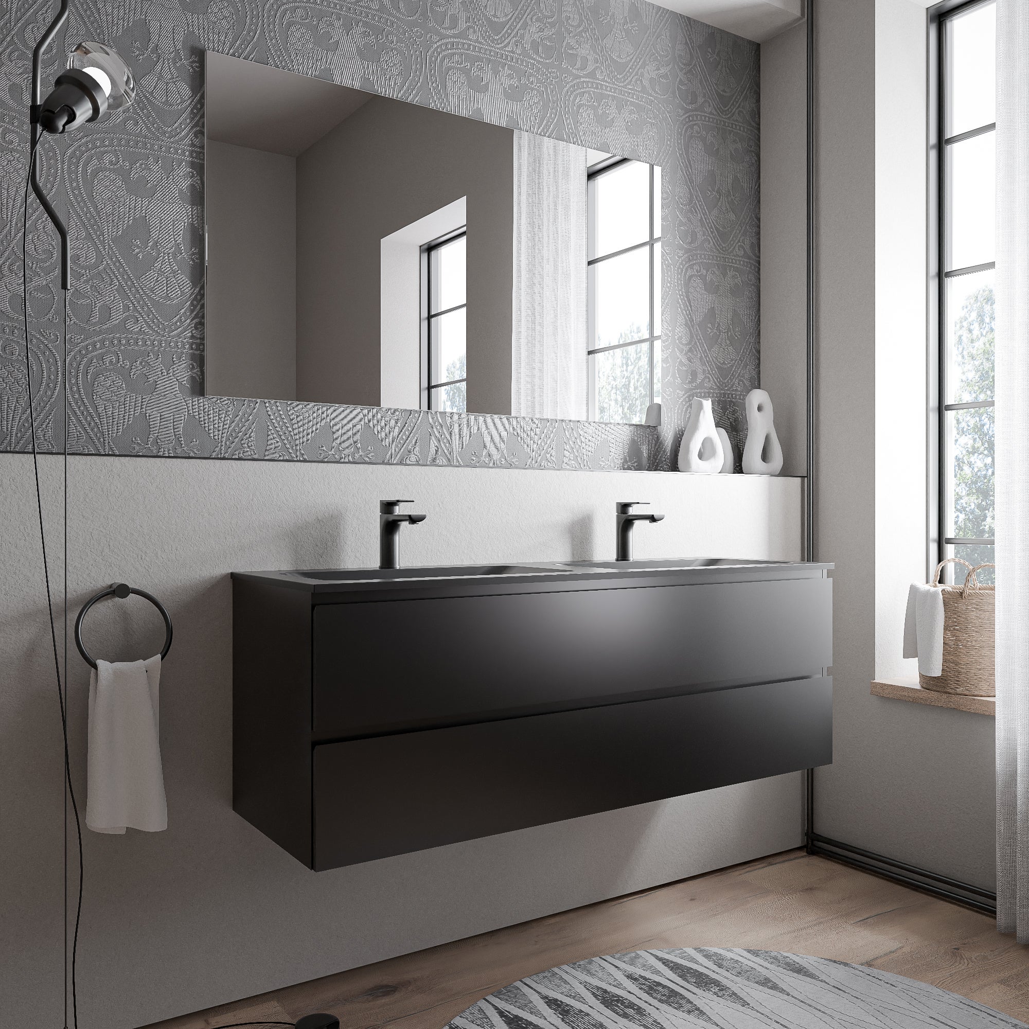 Mobile Doppio Lavabo Sospeso 140 Cm – Design Verde Canna E Rovere Per Bagni Moderni E Piccoli