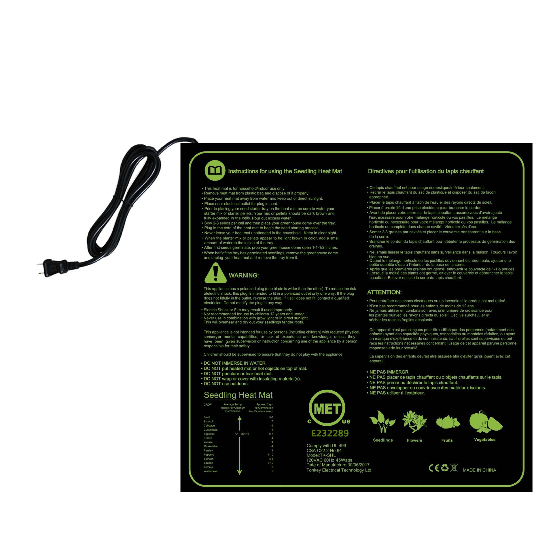 Mata grzewcza do sadzonek 50 x 52 cm (20 x 20 cali) – równomierna temperatura – trwała i wodoodporna – idealna do kiełkowania, szklarni i roślin