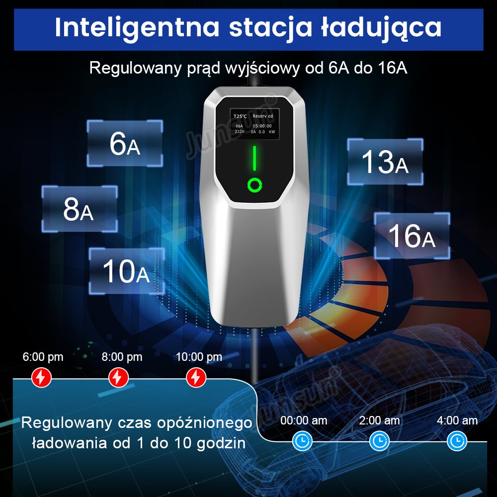 Przenośna Ładowarka EV JUNSUN 11kW | Typ 2 | Kabel 6m | IP67 | Regulacja 6-16A - 7