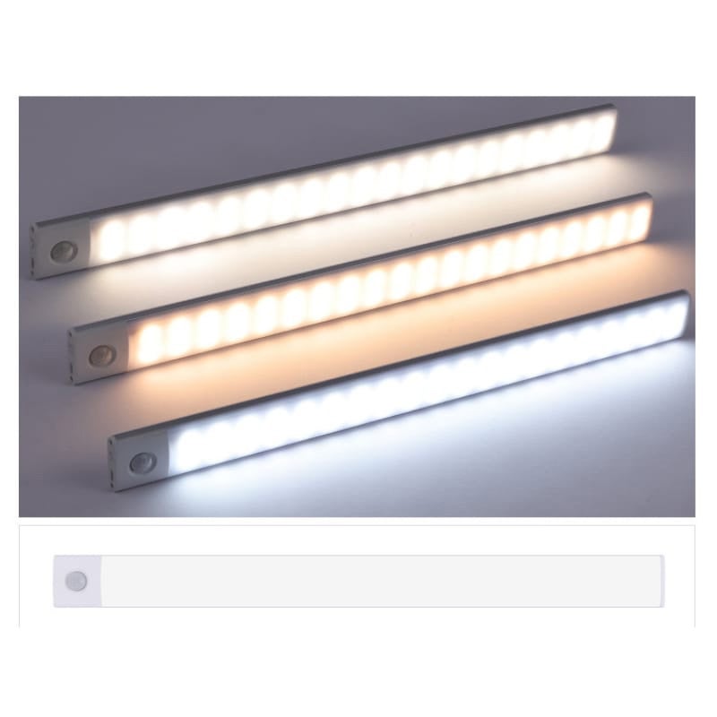 Ultracienka inteligentna lampa LED z czujnikiem, magnetyczna, światło trójkolorowe, regulowana jasność, akumulatorowa, srebrna, 20 cm