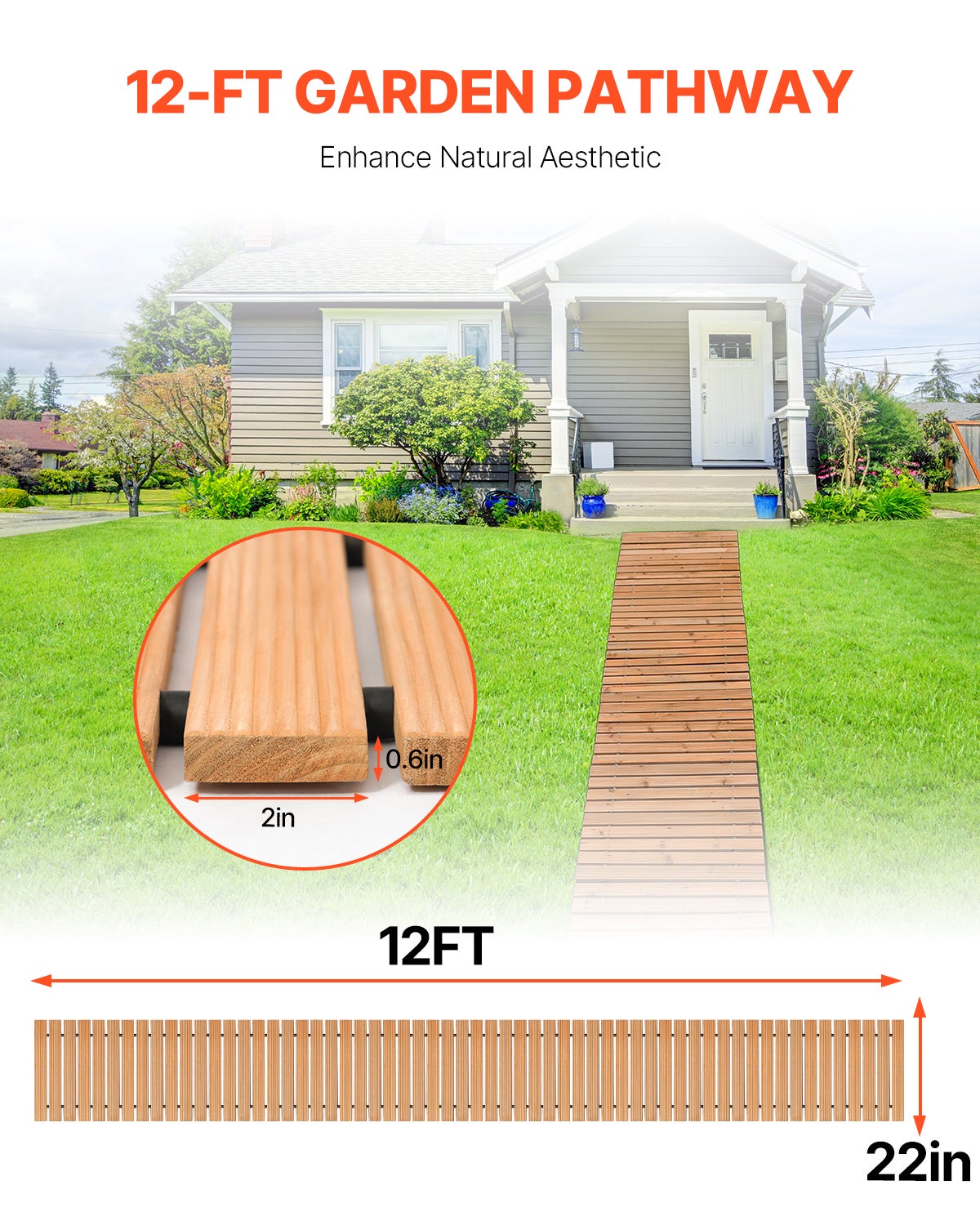 GOPLUS Allée De Jardin Incurvée En Bois Naturel - Chemin Extérieur Antidérapant 216 Cm, Facile à Ranger