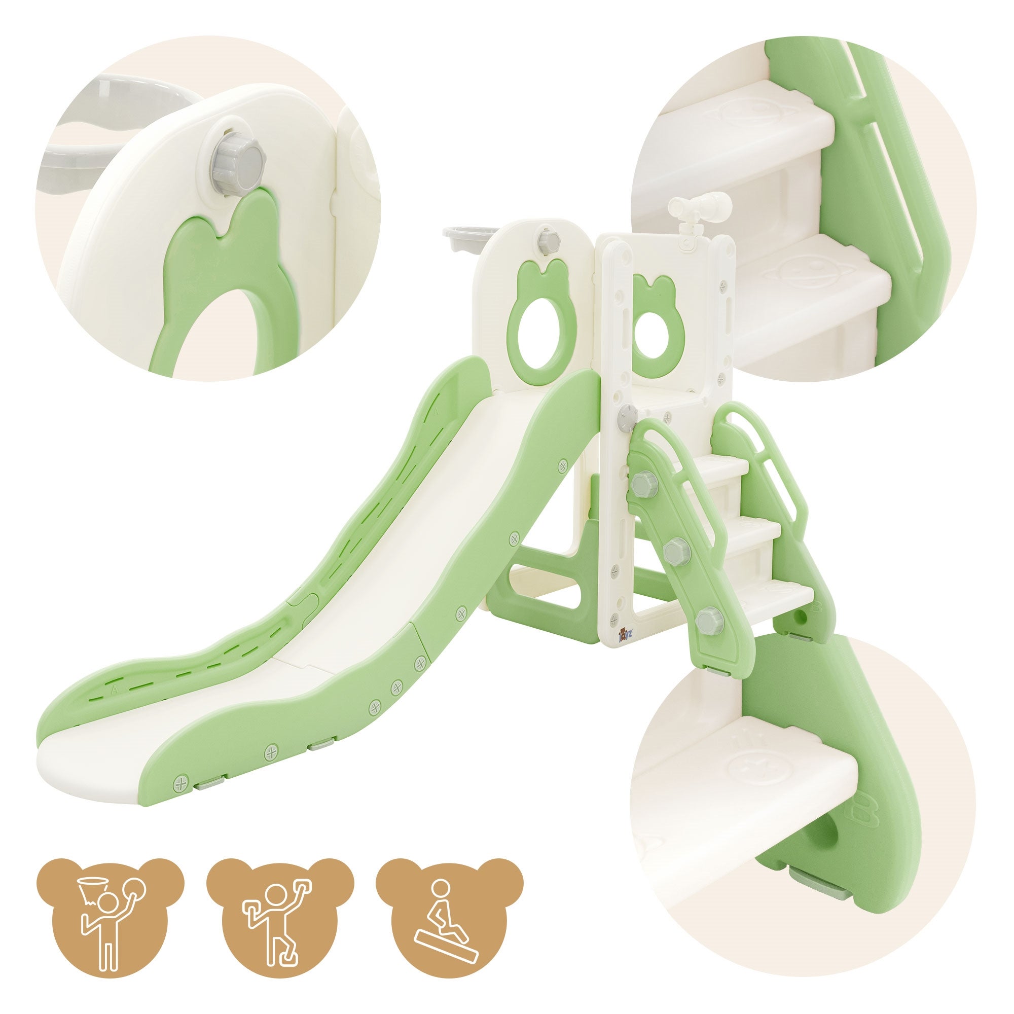 Toboggan 3en1 blanc-vert pour enfants structure de jeu en plastique avec panier de basket et échelle sûre d’activité pour tout-petits dès 3 ans - 2
