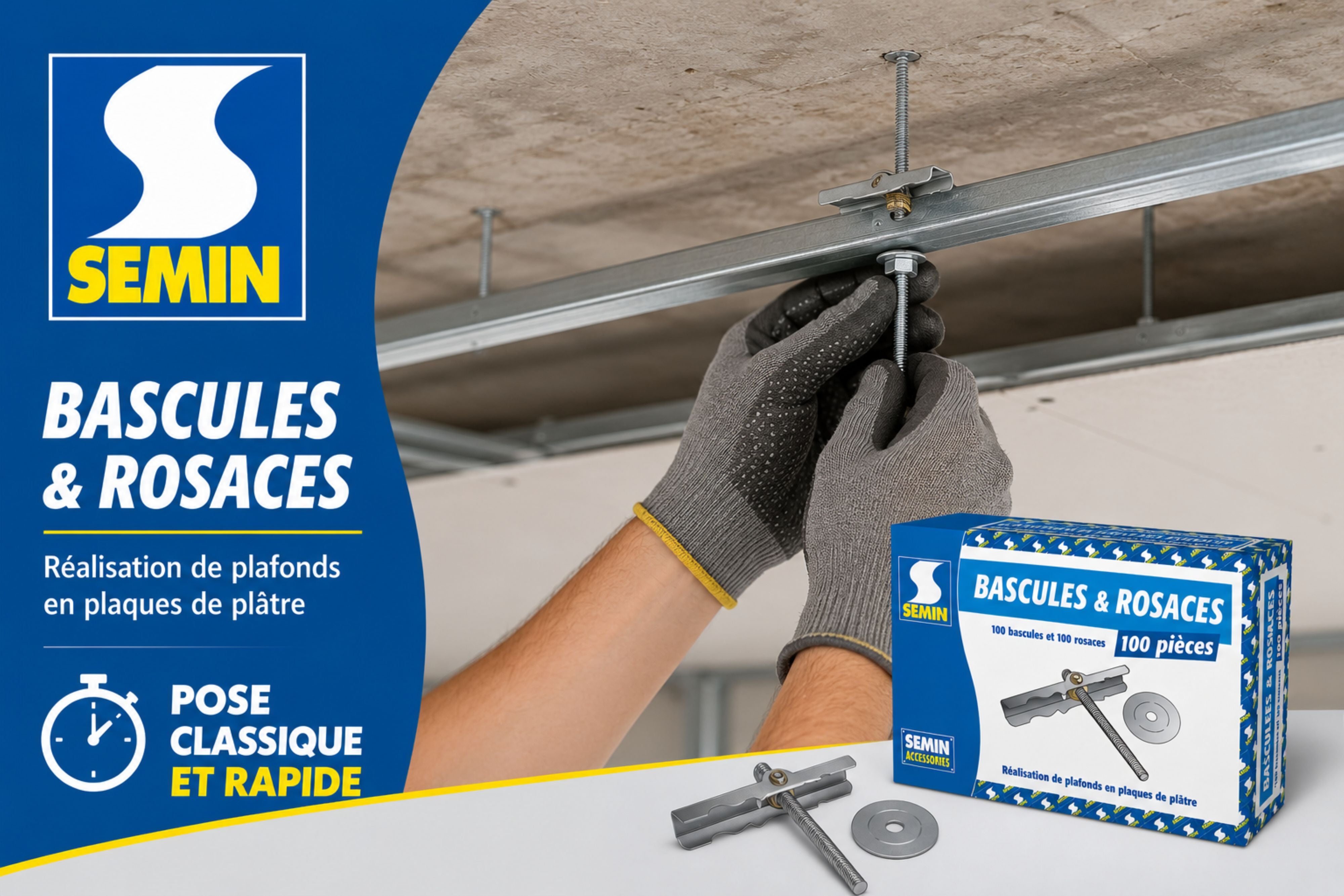 SEMIN Rosace et Bascule Plafond Suspendu - Boîte de 100 Pièces - Accessoire de Fixation pour Plaque de Plâtre - Pose Rapide sur Tige Filetée M6 - 4