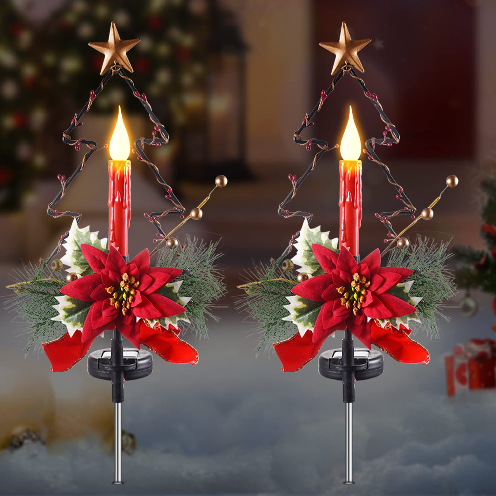 Zestaw 2 solarnych lampek świątecznych, wodoodporna zewnętrzna świeca dekoracyjna, lampki ścieżkowe do oświetlenia krajobrazu na Boże Narodzenie