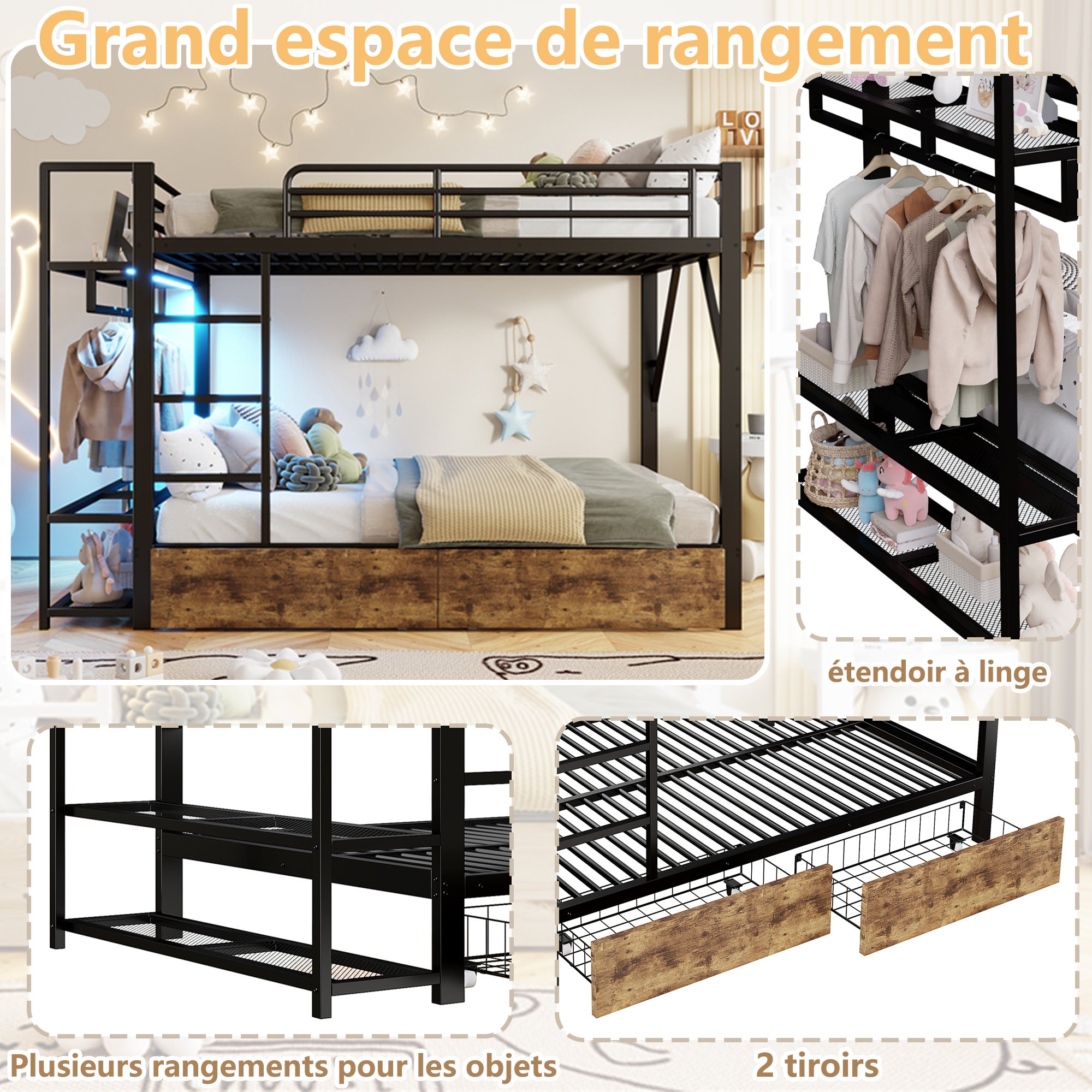 Lit Mezzanine 140x200 cm Étagère avec LED, Cadre de lit Noir avec Tablettes et Porte-Vêtements Métallique, Lit superposé avec 2 Tiroirs, sans Matelas - 5