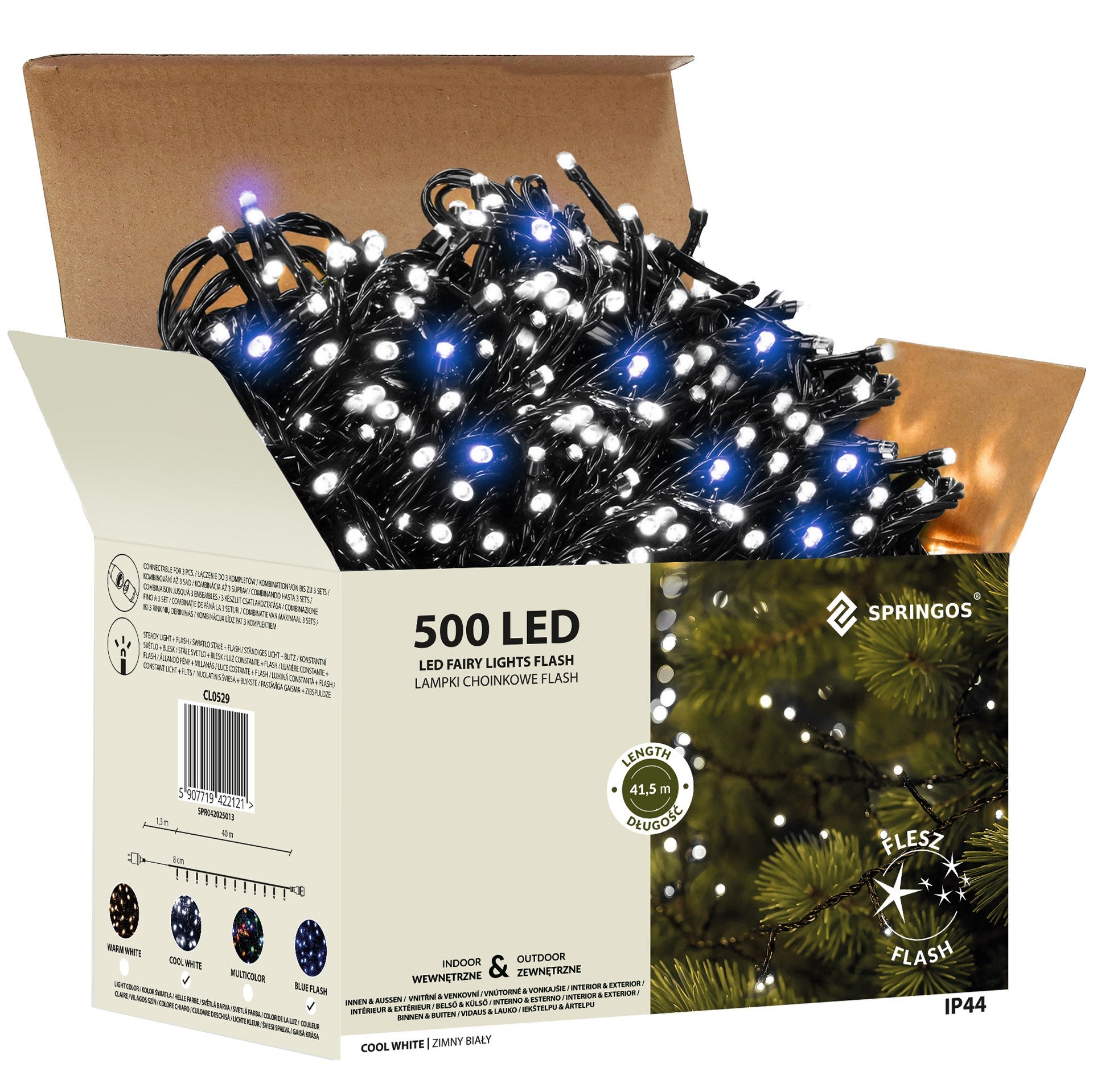 Instalatie luminoasa LED 41,5 m, 500 LED, IP44, pentru interior si exterior, alb rece + albastru flash