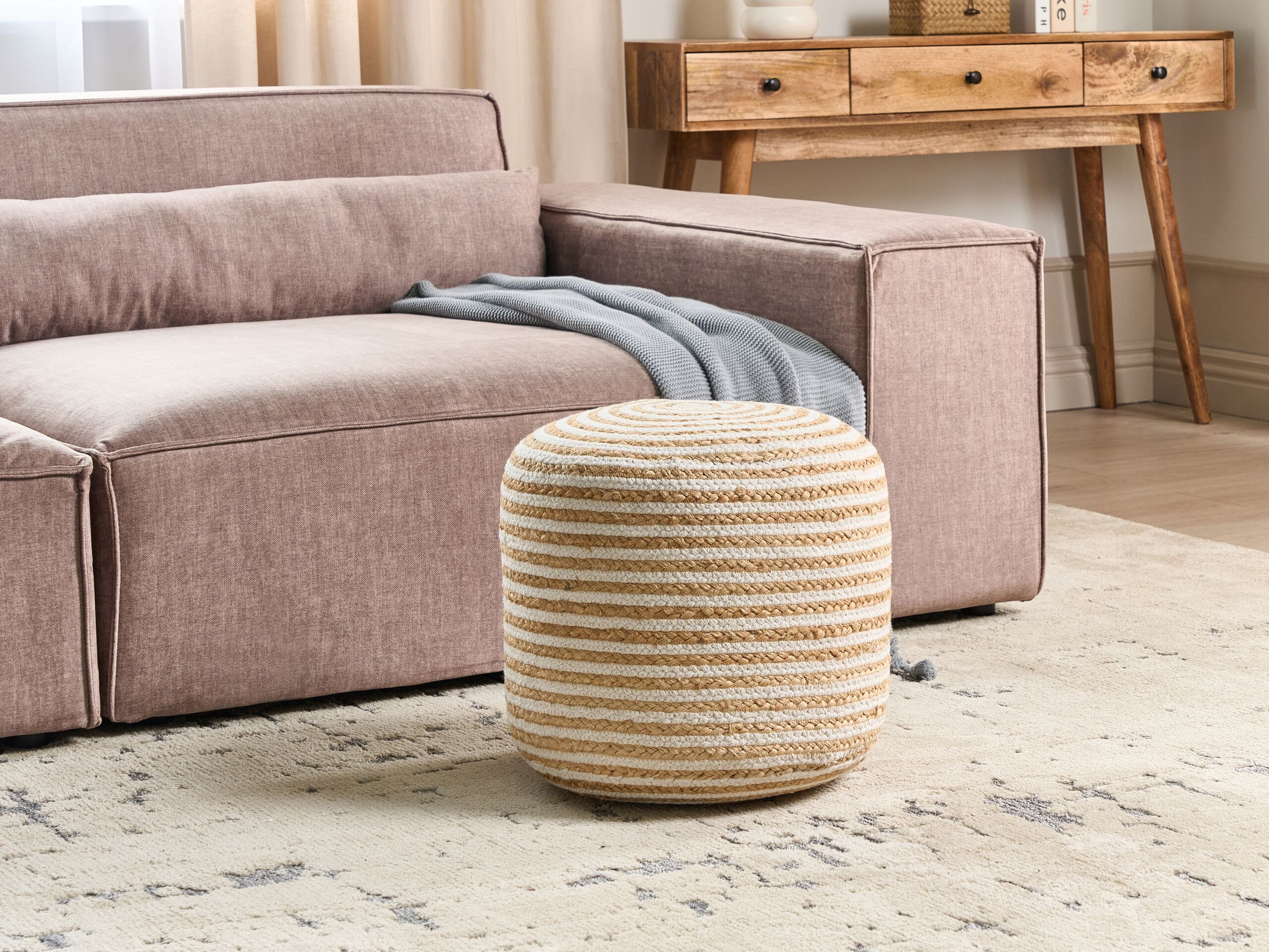 Puf Rond Beige Pouf Rond Beige Tressé en Jute 40 x 40 x 40 cm avec Rayures Blanches ...