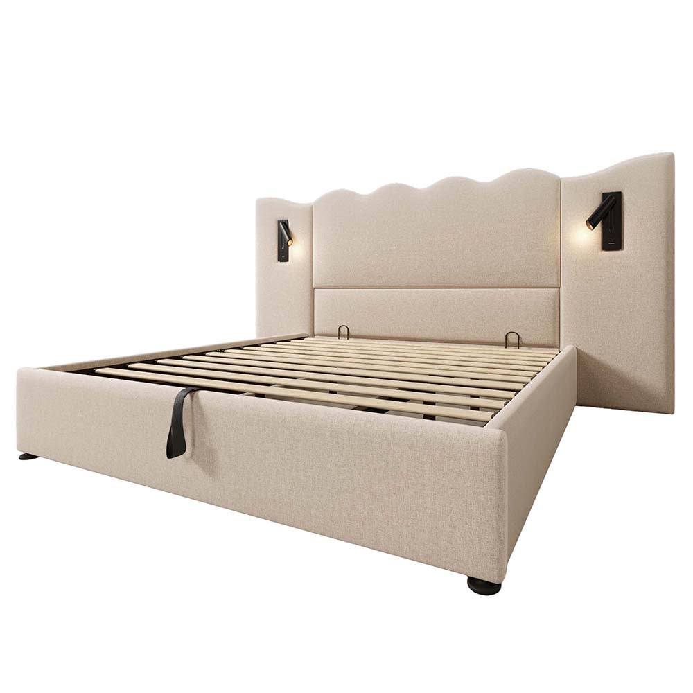 Lit double capitonné 180 x 200 avec liseuse et chargeur USB Type-C avec cadre en bois massif et lattes, Beige, Linen - 7