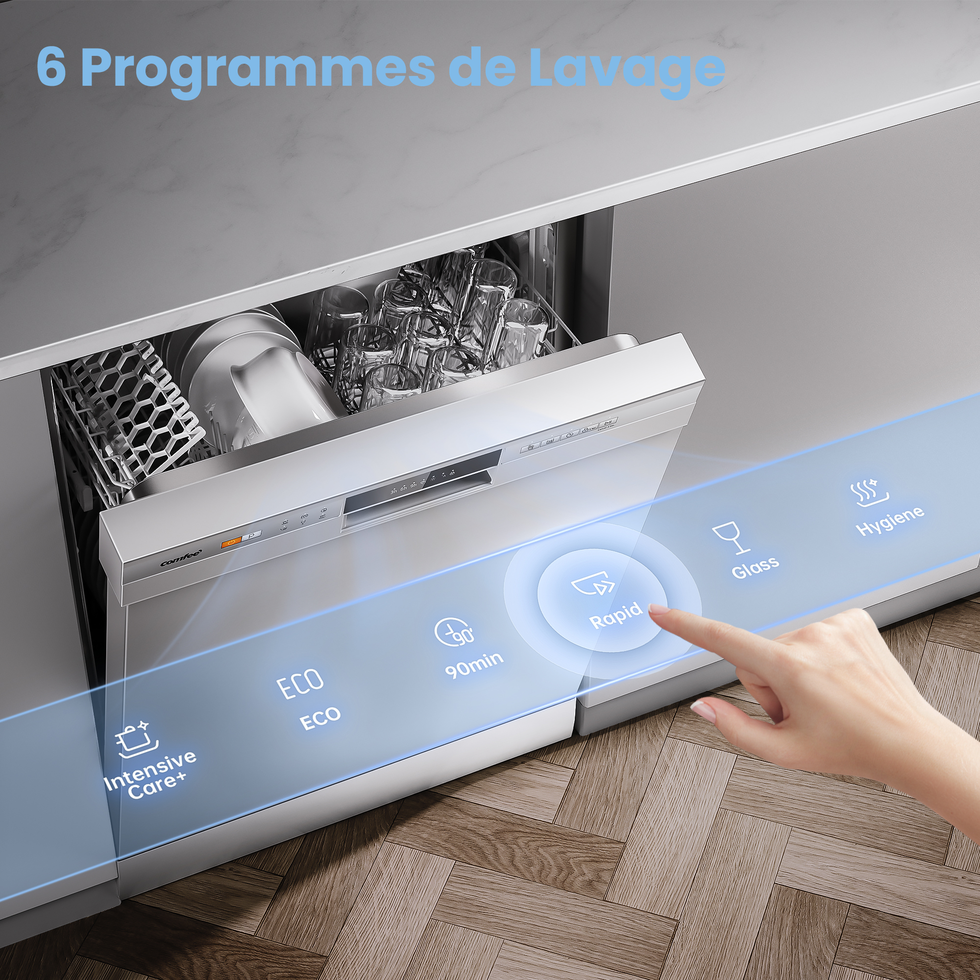 COMFEE Lave-Vaisselle Pose Libre 60cm, 49dB avec 12 couverts, Hygiene Lavage, Départ Différé, Demi-Charge - Blanc [Energy Classe D] - 2