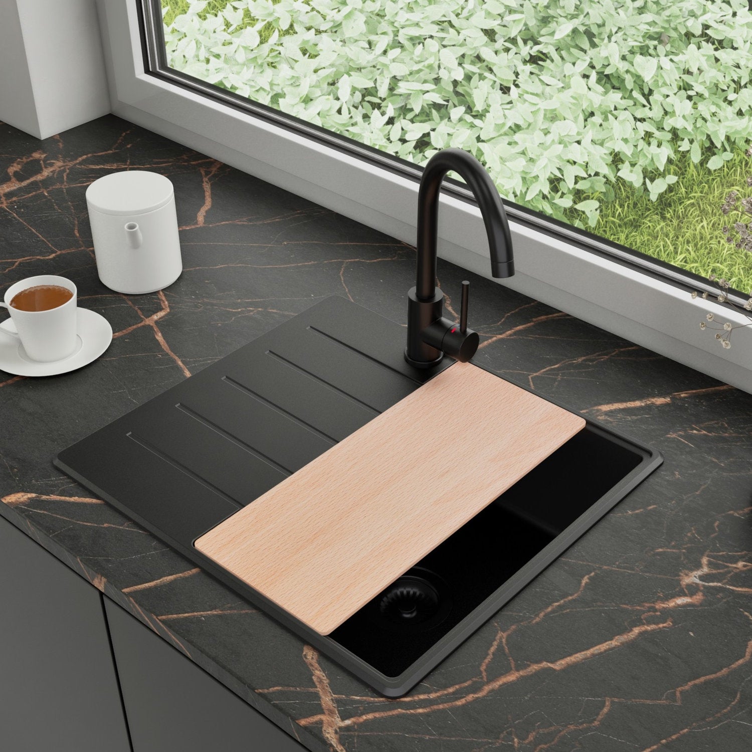 Zlewozmywak Granitowy 55x50cm, do szafki od 40cm + Bateria + Syfon + Deska - Ametyst Cały Czarny STONESTYLE