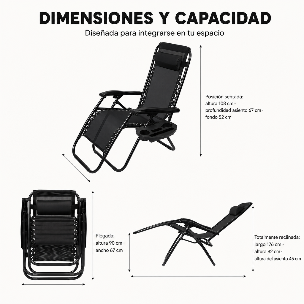 Pack 2 Espreguiçadeiras Dobráveis Praia Pretas com Porta-copos - 8