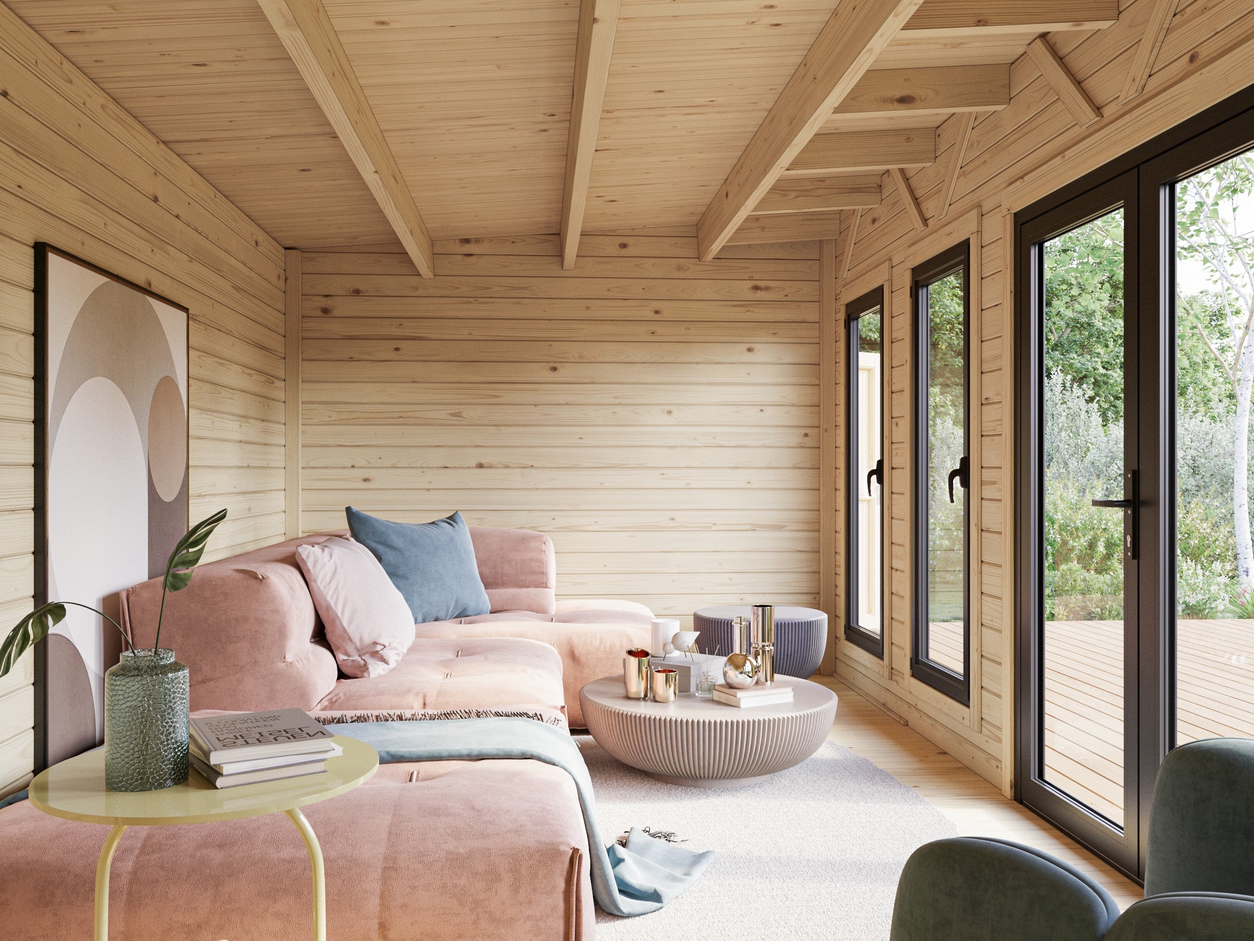 Studio de jardin en bois Aurelia - PALMAKO - Ep.44 mm - 670x300 cm - 28.4 m² - Double vitrage trempé - Peint gris - 2