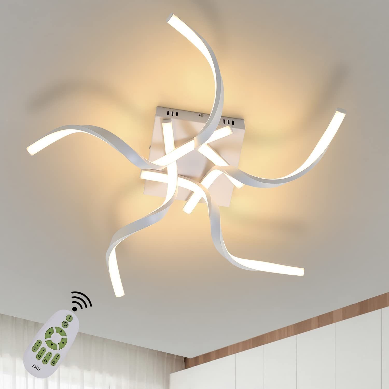 NETTLIFE Nowoczesna biała lampa sufitowa LED ściemnialna 65CM Lampa w kształcie fali do sypialni 48W do salonu, biura, korytarza