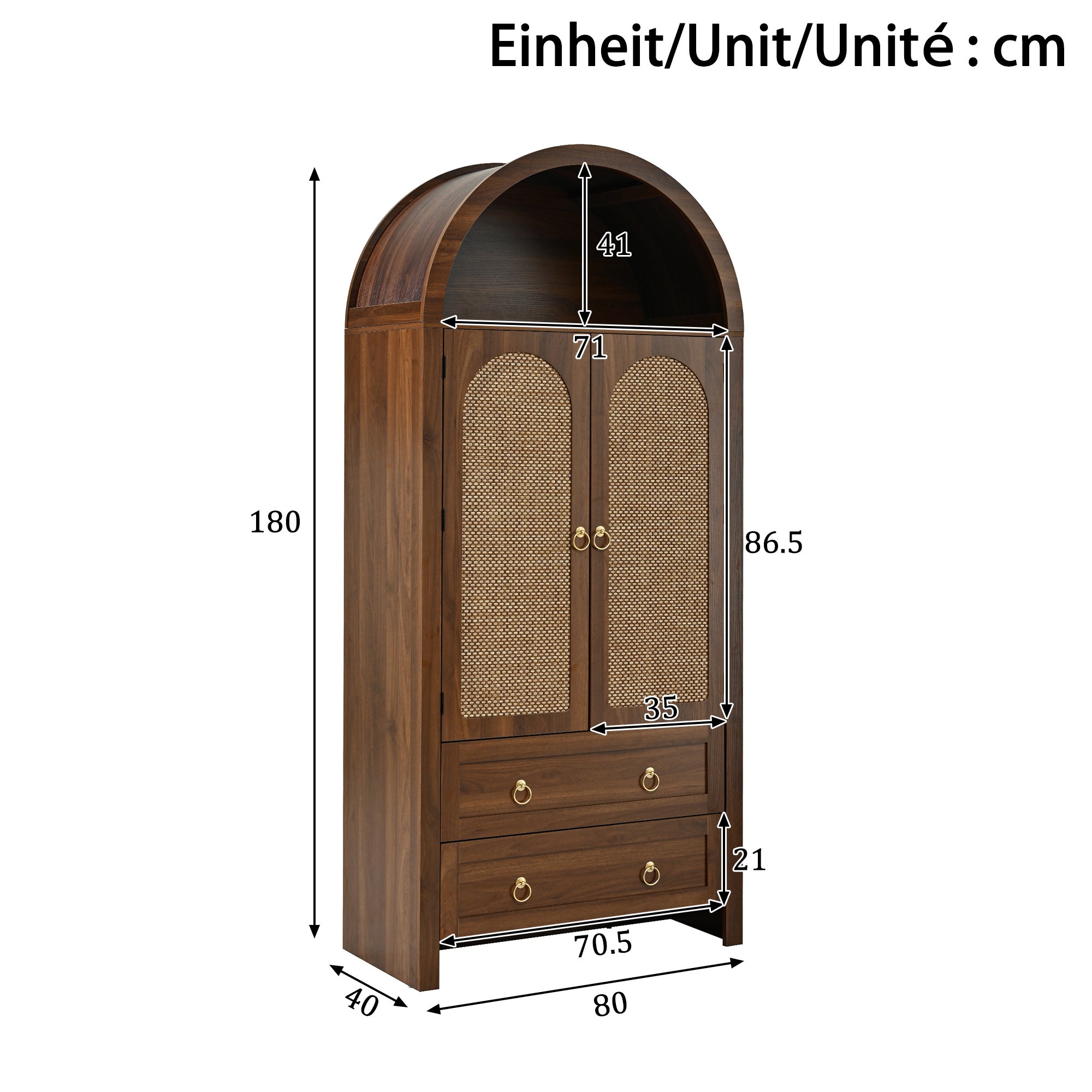 Buffet vintage en osier de style voûté à double tiroir - Meuble de rangement pour salon et chambre - 80x40x180cm - couleur bois naturel - 5