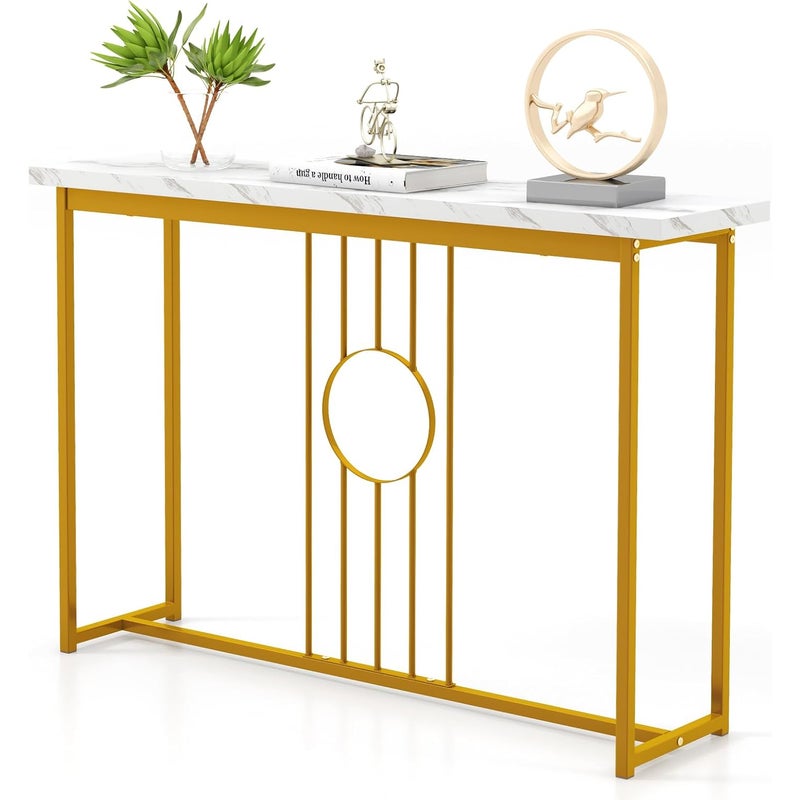 Stolik Konsolowy do Przedpokoju, Wąski, z Blatem z Imitacji Marmuru i Konstrukcją z Pozłacanego Metalu, Boczny o Długości 120 cm, 120 x 30 x 80,5 cm