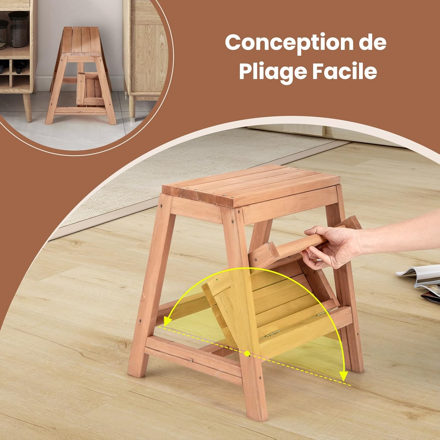 Sgabello Scala in Legno di Abete a 2 Gradini a Ribalta, Scaletta Pieghevole Salvaspazio per Bagno e Libreria, Scaletta Portavasi Multiuso Mens - 7