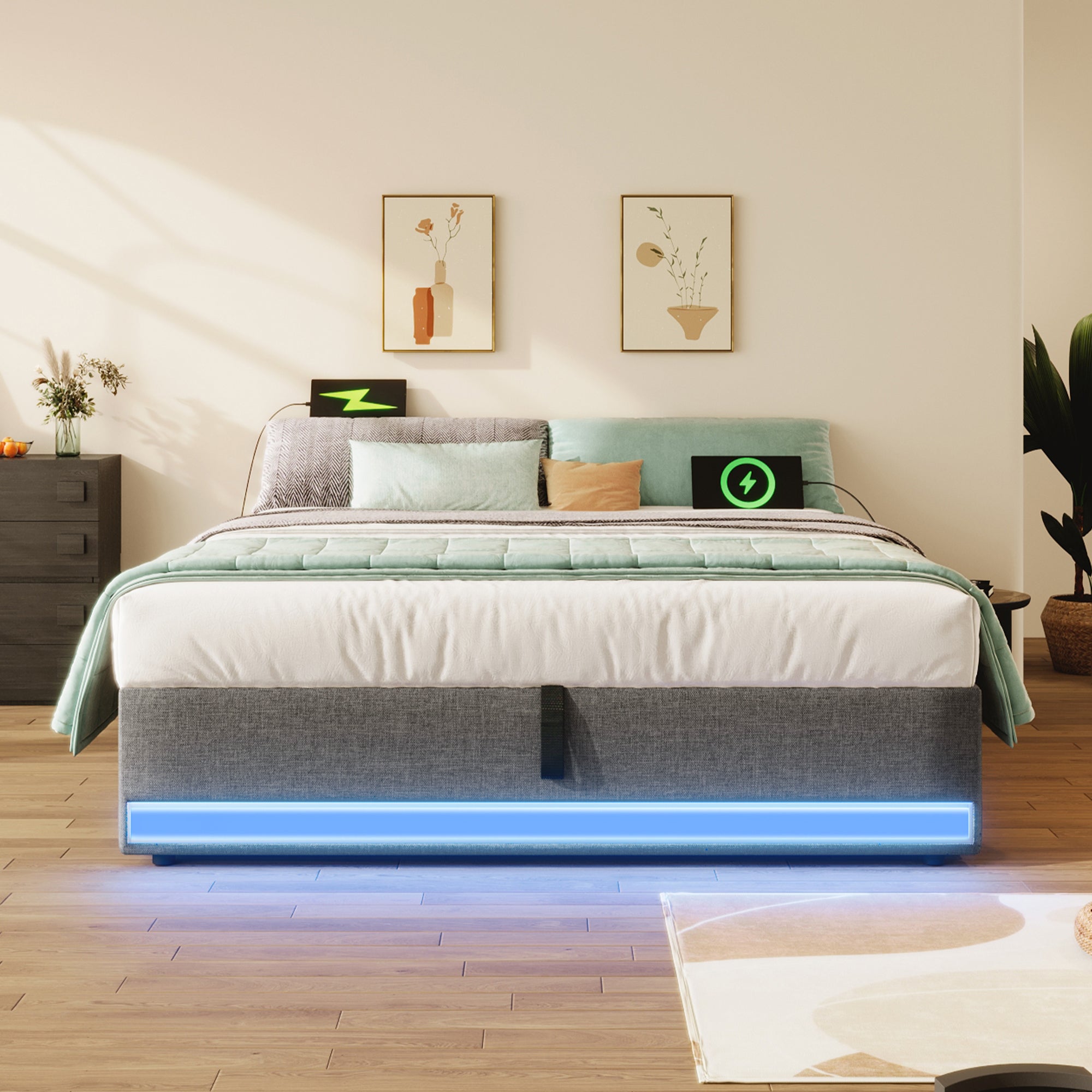 Wyściełane łóżko skrzyniowe 140x200 cm - z oświetleniem LED - z portami USB + Type-C - beżowe (materac nie wchodzi w skład zestawu)
