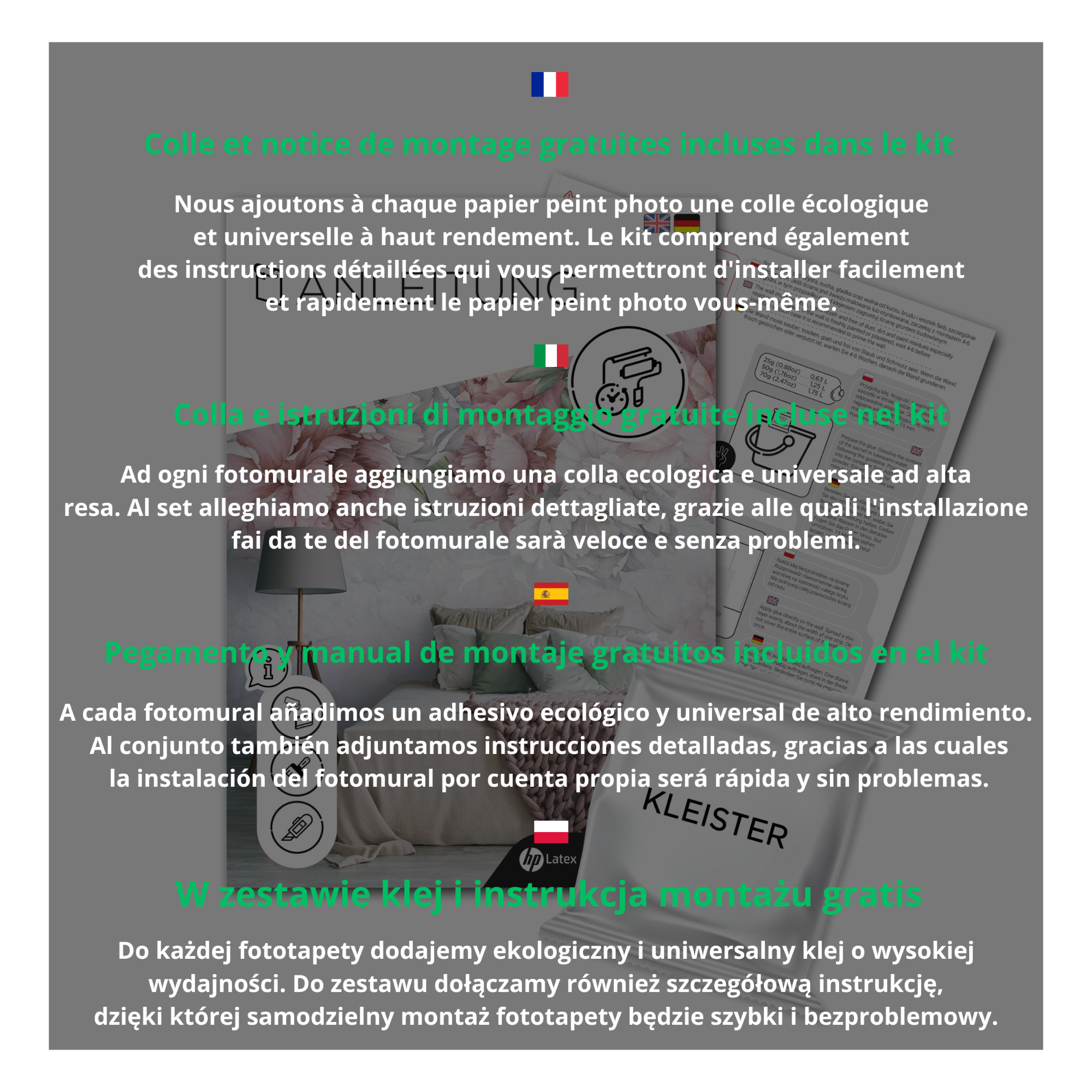 Papier Peint Intissé Panoramique Forêt Brouillard Vert Nature Paysage 416x254 cm - Colle Inclus - Chambre et Salon Cuisine Entrée - 4