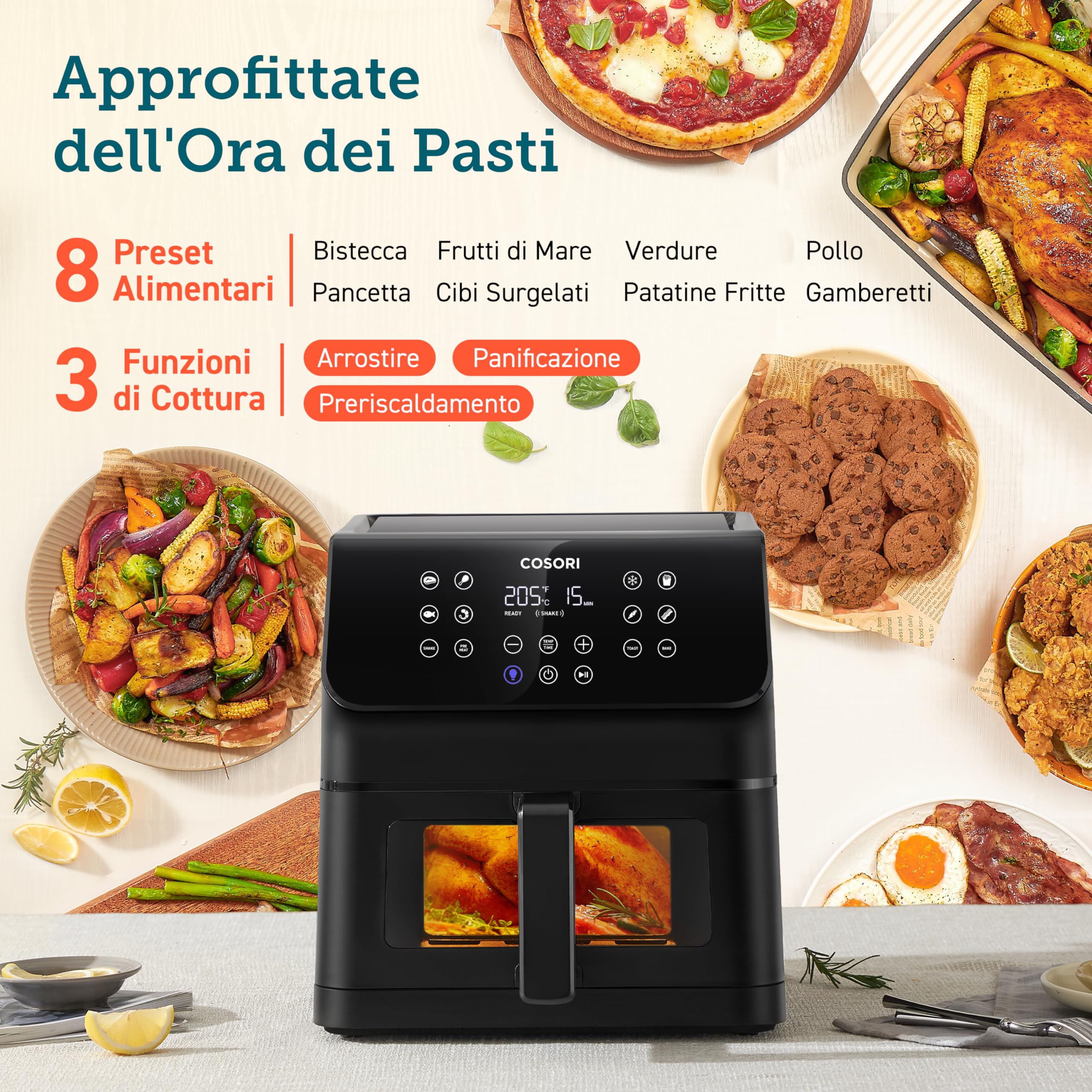 COSORI Friggitrice ad Aria Clear Blaze 6.2 Litri con Finestra, 1700W, con 11 Funzioni, One-Touch Display, Tempo e Temperatura Regolabili 75-205°C, 30 - 2