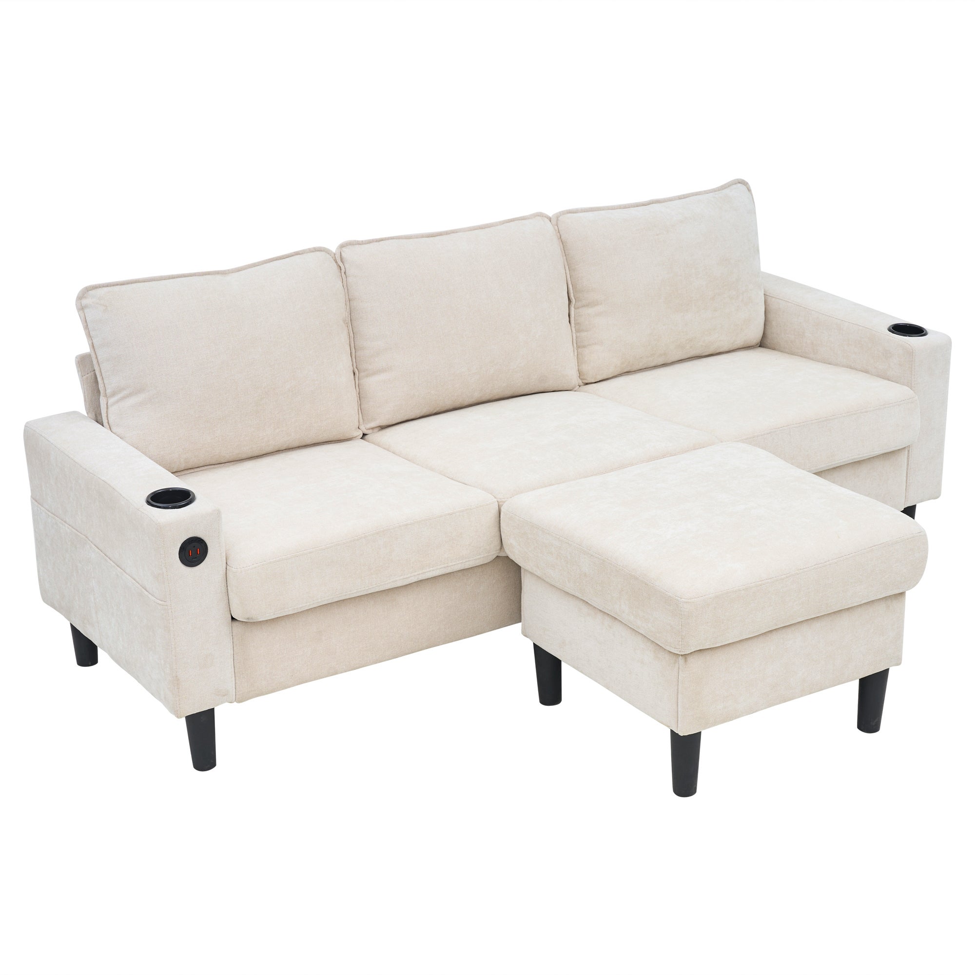 Sofa tapicerowana 3-osobowa - z portami USB i Type-C - z dwoma uchwytami na kubki - Sofa w kształcie litery L z funkcją spania - Beżowa - 7