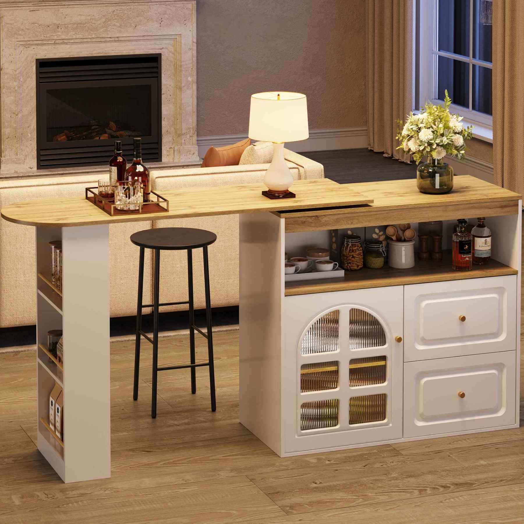 Mobile Sideboard Rotante 360° Moderno con Ripiani, Cassetti