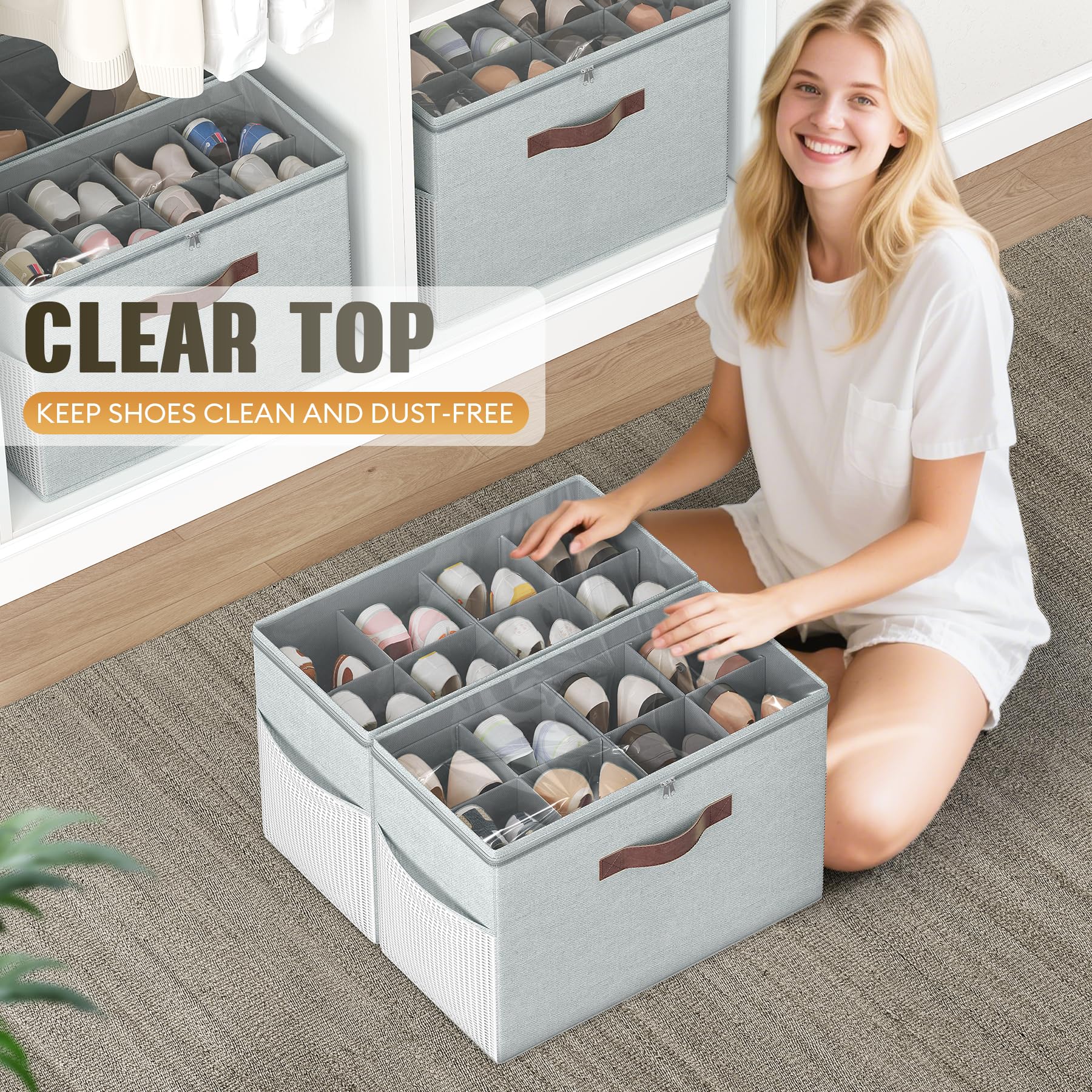 BEXTCOK 2 bacs de rangement pour chaussures, bacs pliables à compartiments avec couvercle, bacs de rangement anti-poussière pour sous le lit - 7