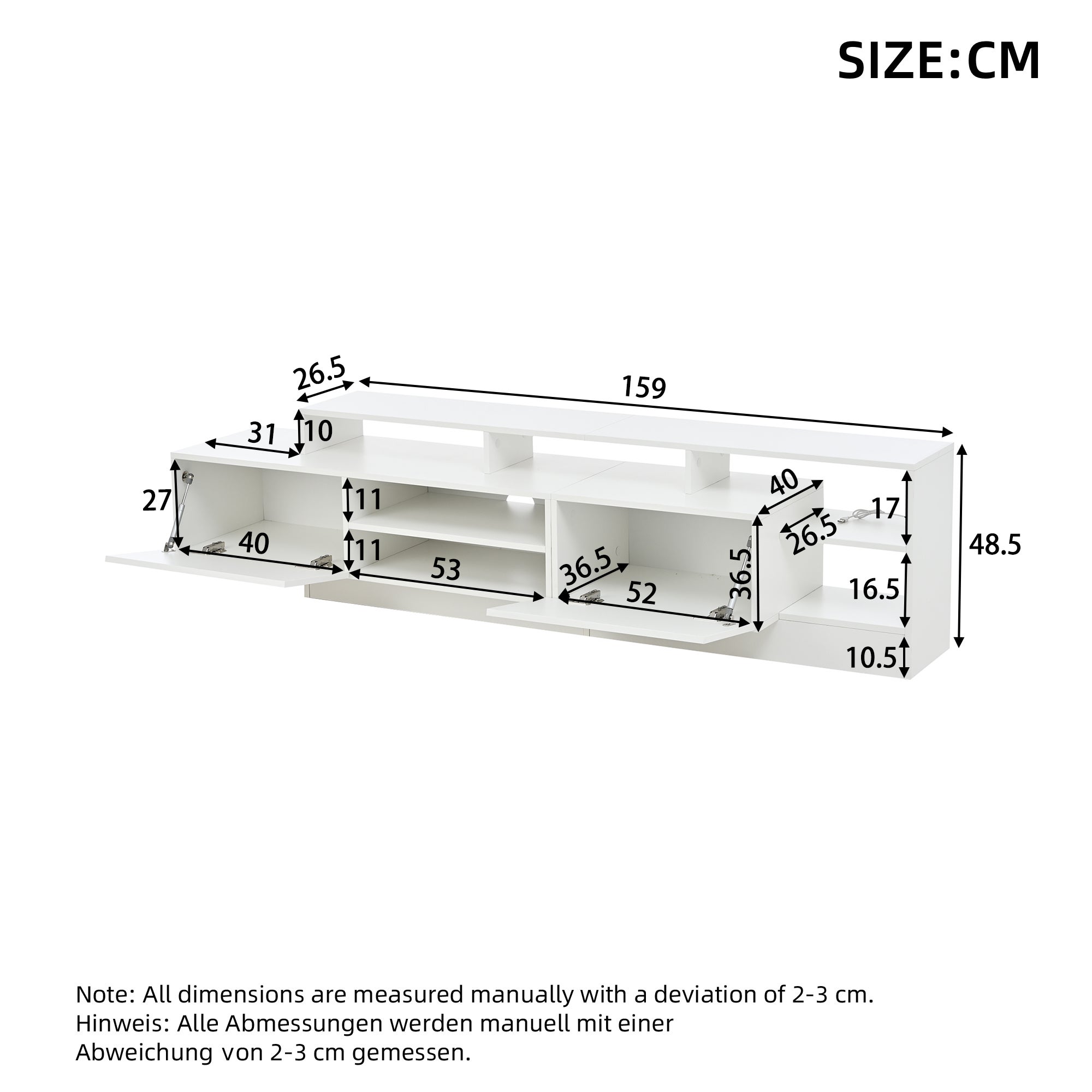 Meble pod TV 190x40x48,5 cm - z oświetleniem LED - z 2 frontami odchylanymi - Otwarta przestrzeń do przechowywania - Błyszczące wykończenie - Biały - 6