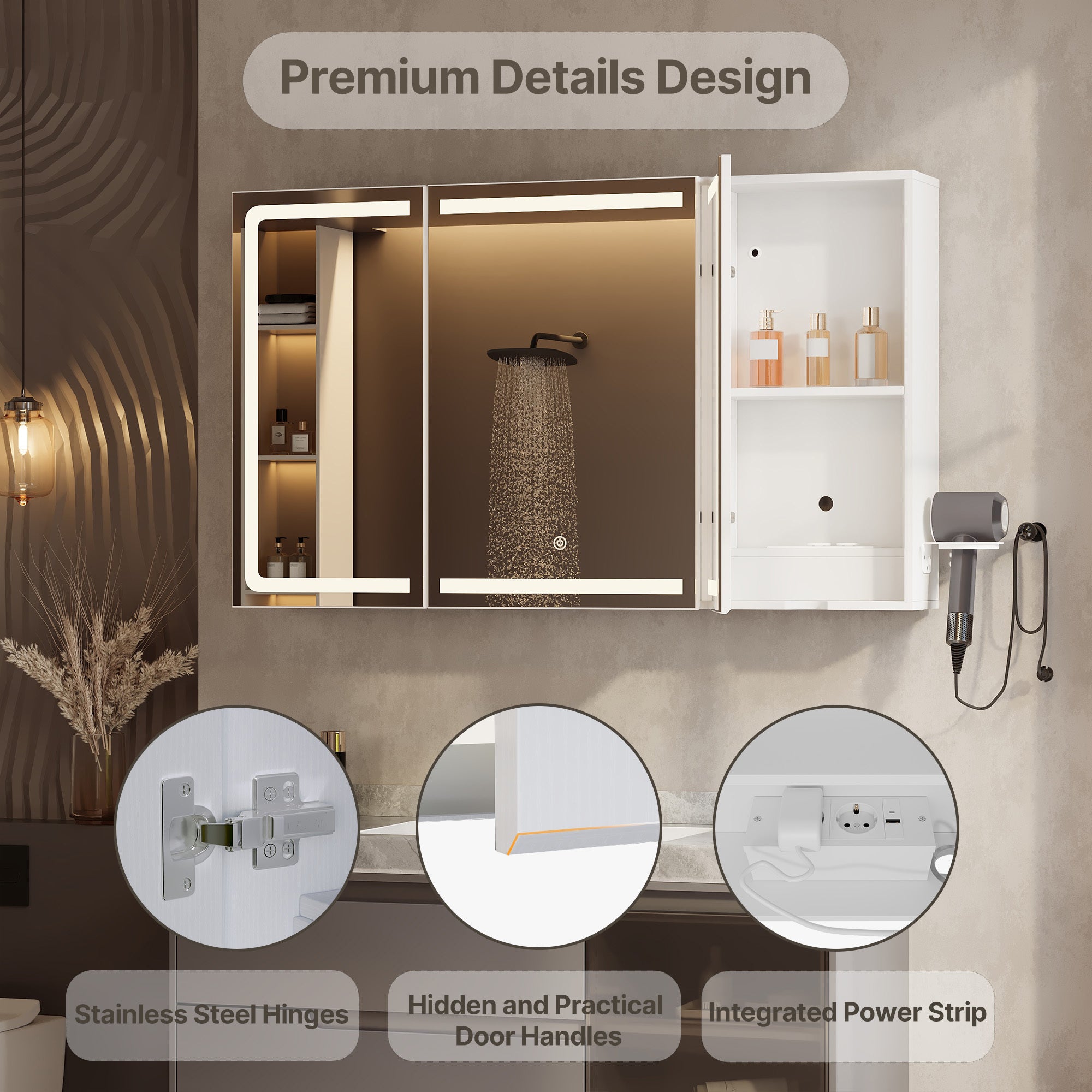 Armadio da toilette specchio con LED,3 ante,100 x 16 x 60 cm,ripiani regolabili,3 temperature di luce - 6