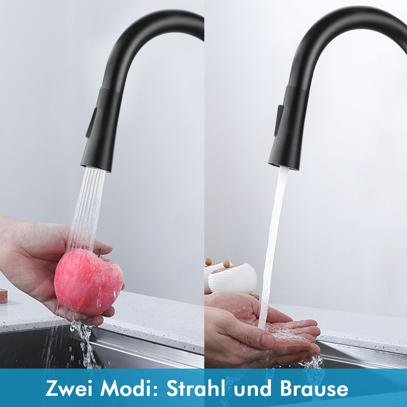 Czarny kran kuchenny, obrotowy 360°, z wyciąganą wylewką, wysoki łuk, bateria kuchenna z prysznicem, 2 tryby strumienia - 3