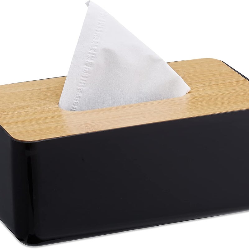 Pojemnik na chusteczki, ładowany, do łazienki, dystrybutor chusteczek nawilżanych, bambusowa pokrywka, plastik, 10x23x13 cm, czarny/naturalny