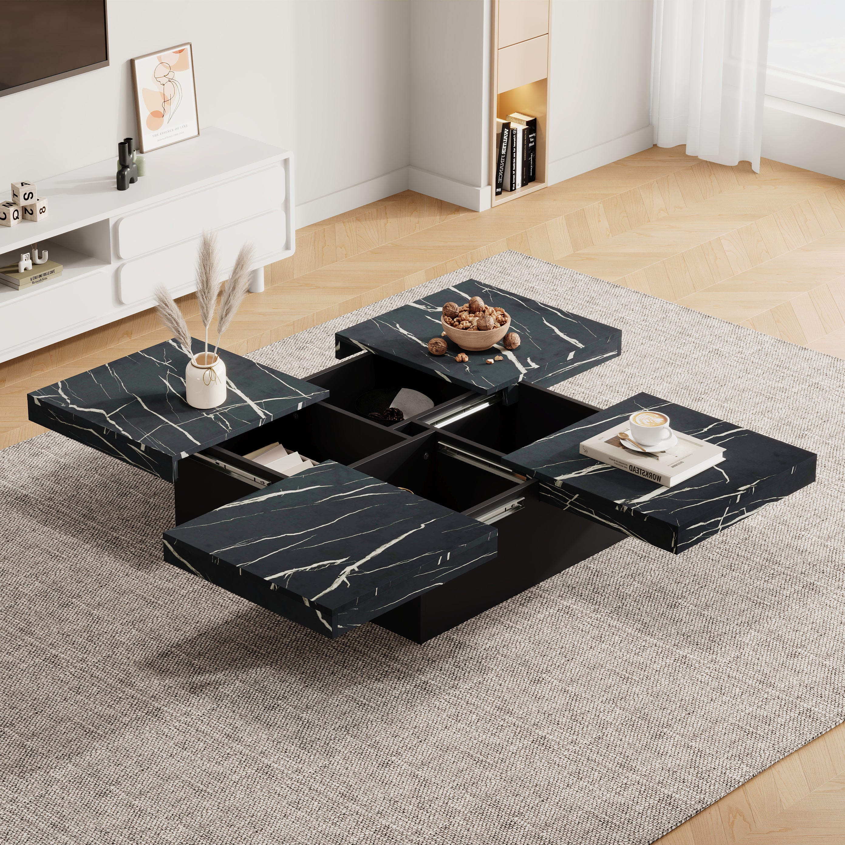Stolik kawowy kwadratowy z 4 wysuwanymi półkami - 90 x 90 x 25 cm - Wygląd marmuru - Płyta wiórowa - Czarny