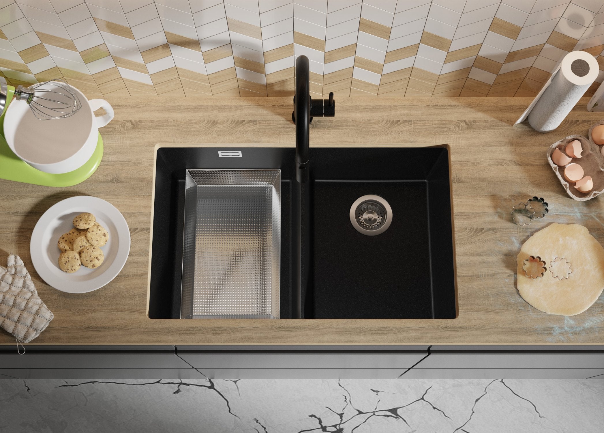 Evier Sous Plan Tout Noir 76x47cm, Evier en Granit 2 bacs + Kit de Vidage, Évier au meuble 80cm - London Twin PRIMAGRAN - 8
