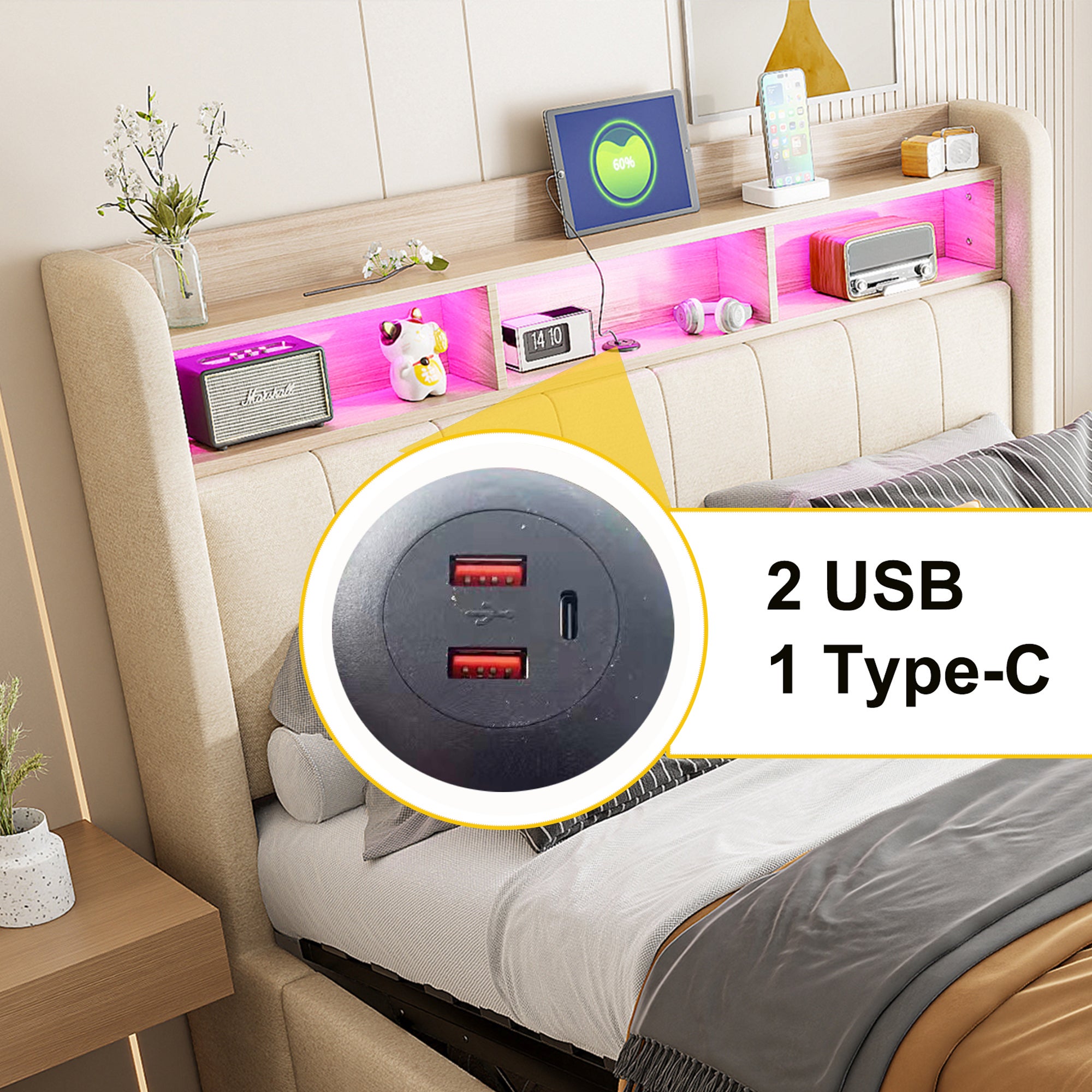 Lit coffre adulte 140x200 cm lit double avec éclairage LED, port USB et rangements, en lin, beige - 5