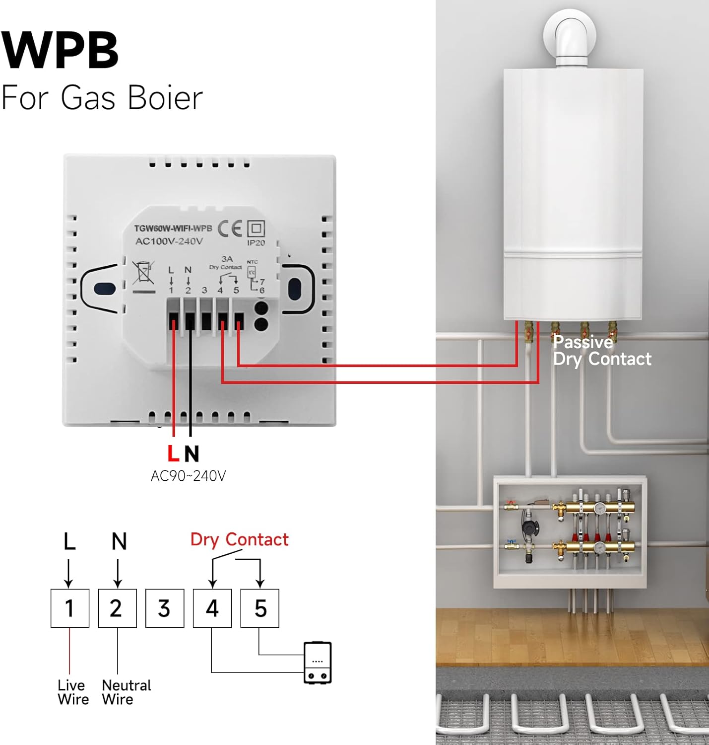 Thermostat WiFi Intelligent, Thermostat de Chaudière Programmable pour Chauffage de Chaudière Eau/Gaz, Montage Mural avec Affichage LCD Numérique - 4