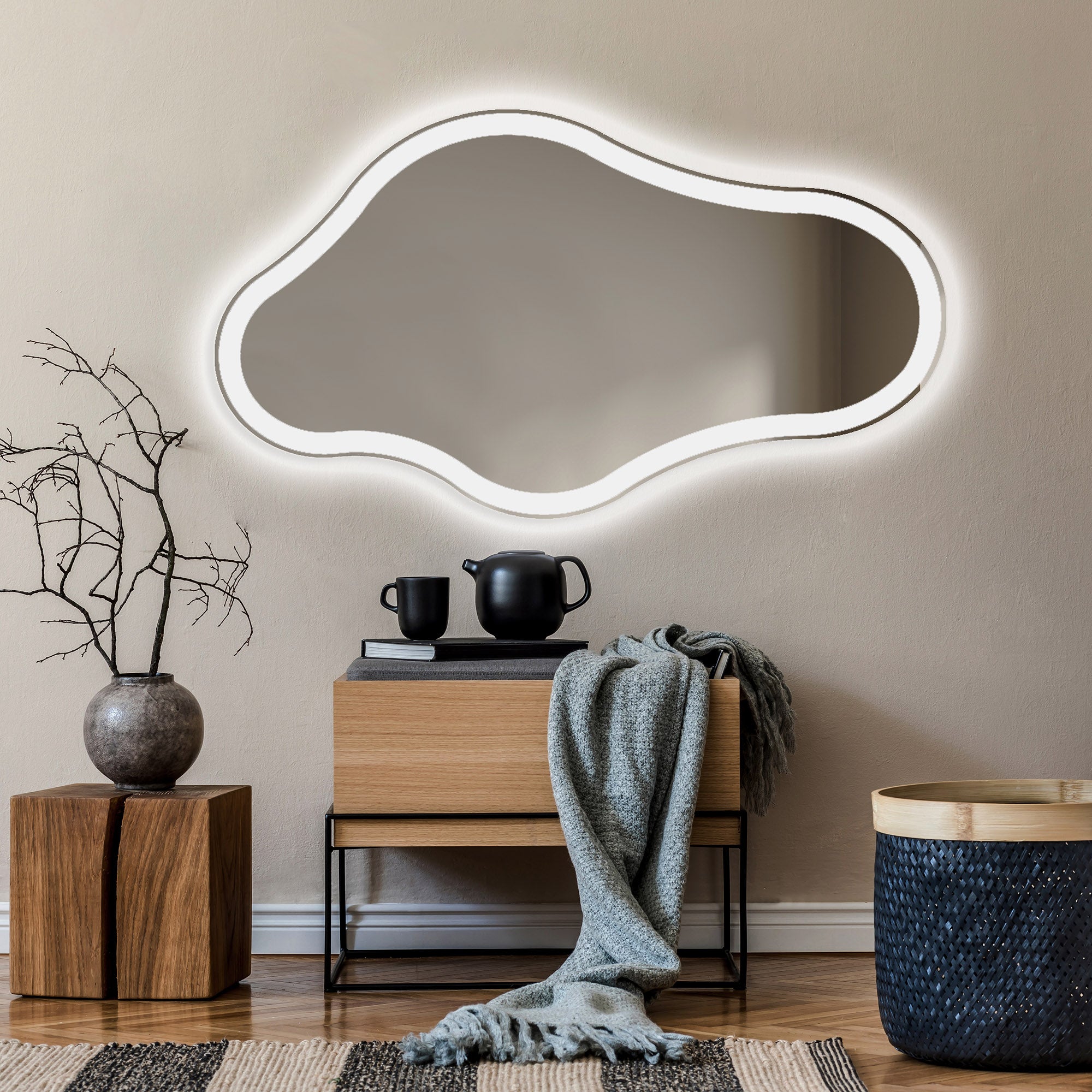 Podświetlane lustro łazienkowe - Asymetryczne lustro 94x54cm - Lustro łazienkowe LED z oświetleniem - Chłodna biel 7000K (CHM222)