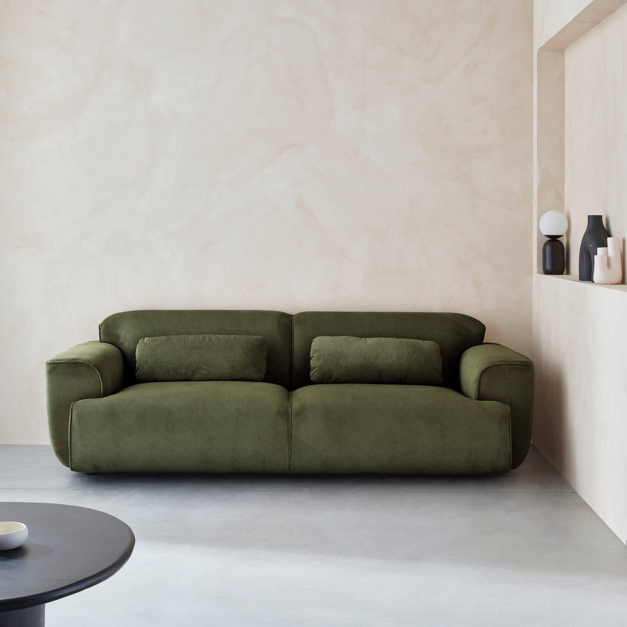 Canapé 3 places. tissu velours côtelé vert. 2 coussins déhoussables. Wallas L 230 x P 98 x H 73cm WALLAS - 3