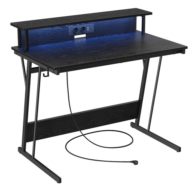 Bureau Gaming avec LED et Multiprise, Bureau Informatique avec Rehausseur d’Écran, 60 x 100 x 76 cm, Noir Boisé