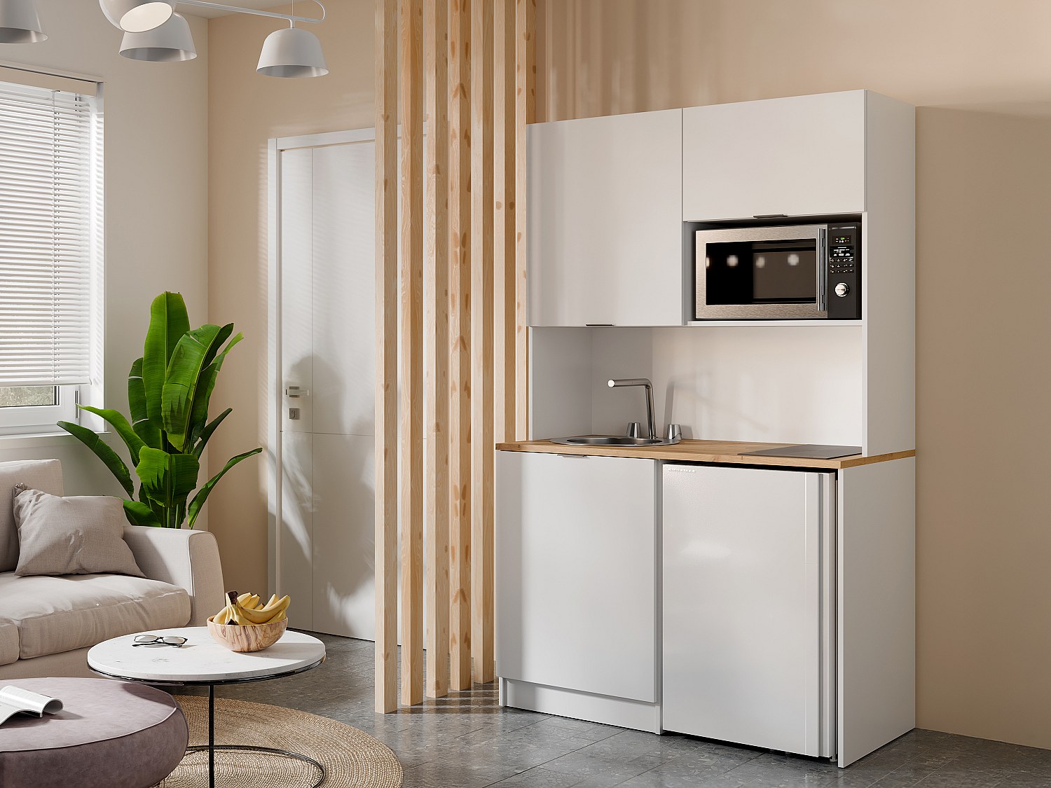 Mueble multifunción para cocina o cuarto de la lavadora - con encimera de 120 cm - blanco y natural - carmeo