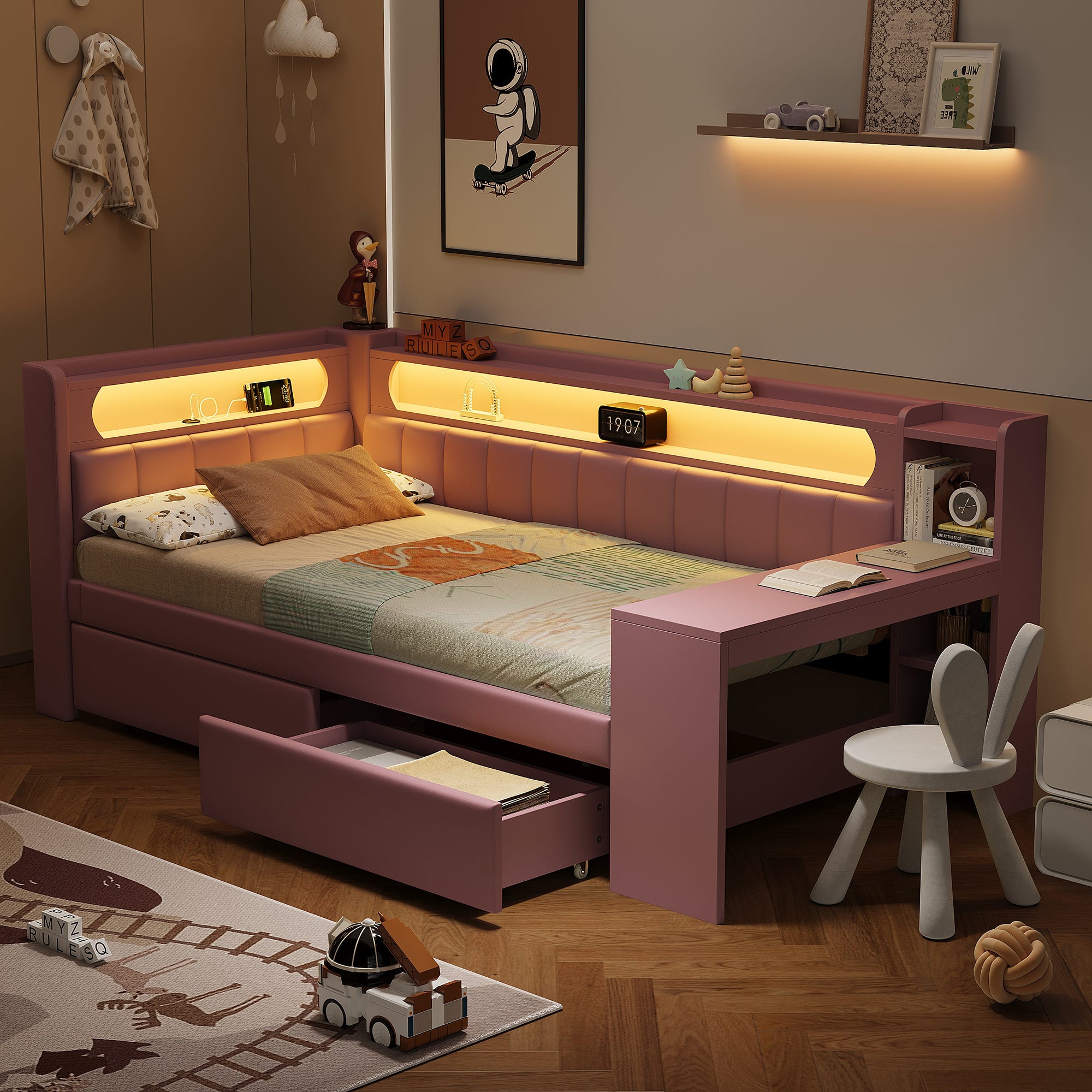 Colr Rosa Sofá cama de 90x200 con USB, luz LED, escritorio y cajones, color rosa ...