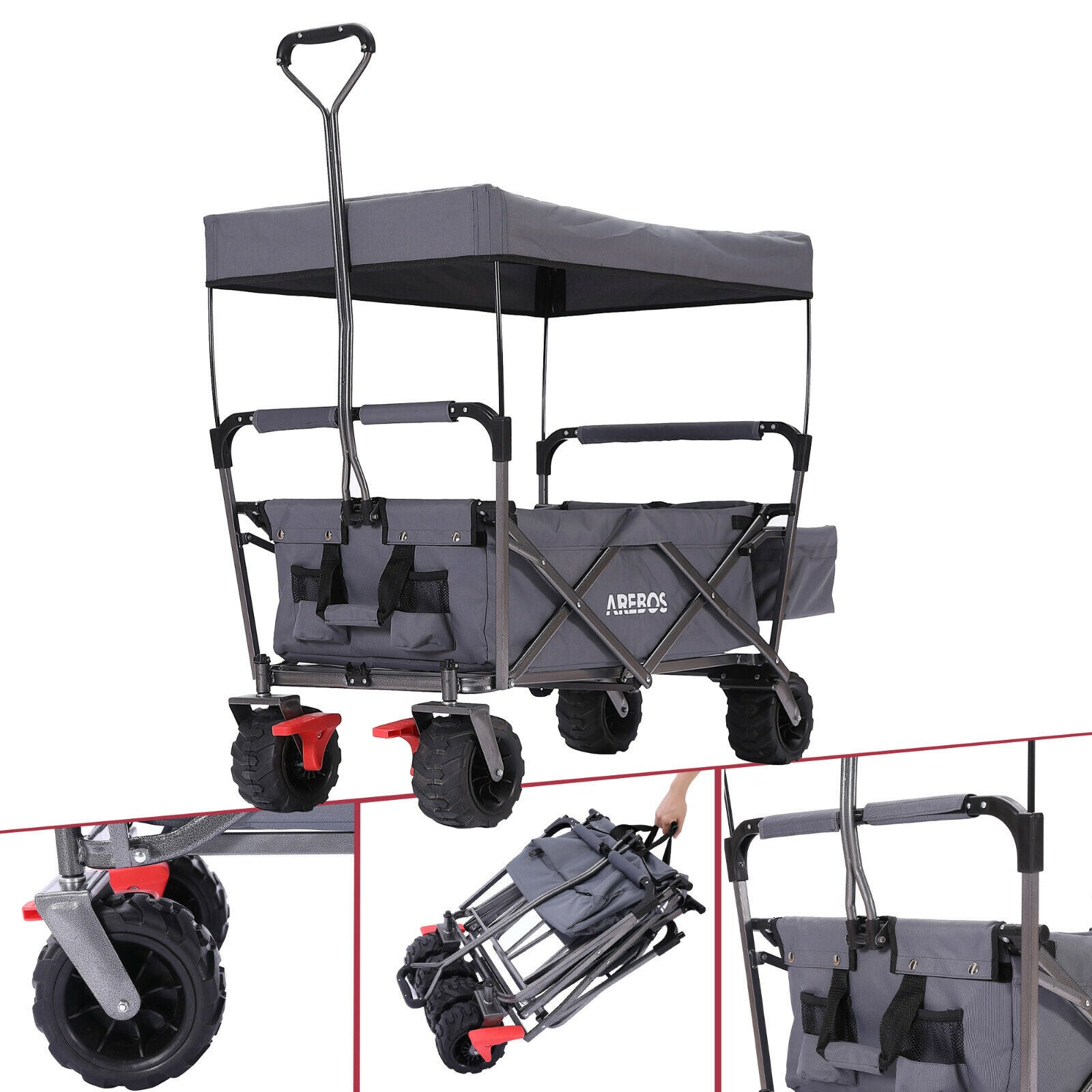Zelsius – Chariot de transport pliable à pédales gris – Capacité 90 kg – Dimensions 55x120x98 cm – Toit amovible et système de ceinture