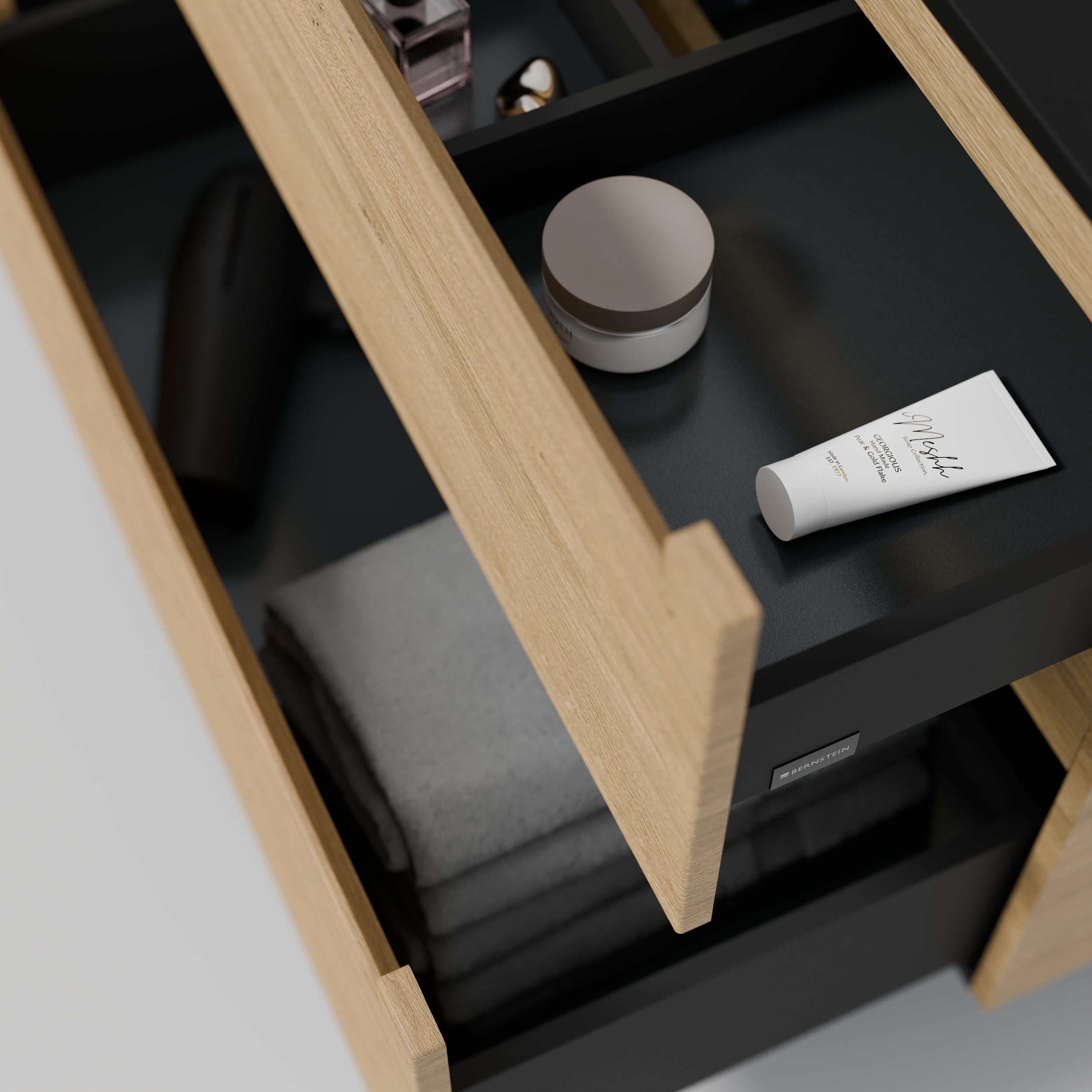 BERNSTEIN - Meuble double vasque suspendu MDF Chêne miel, lavabos fonte Noir mat + trous robinet, tiroirs pivotants - 160x46x62cm - VIREO - 6