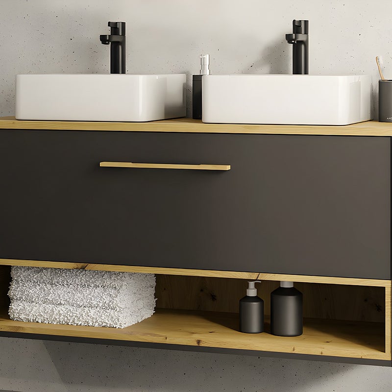 Szafka łazienkowa wisząca w kolorze antracytowym z podwójną umywalką – 120 cm – YANGRA
